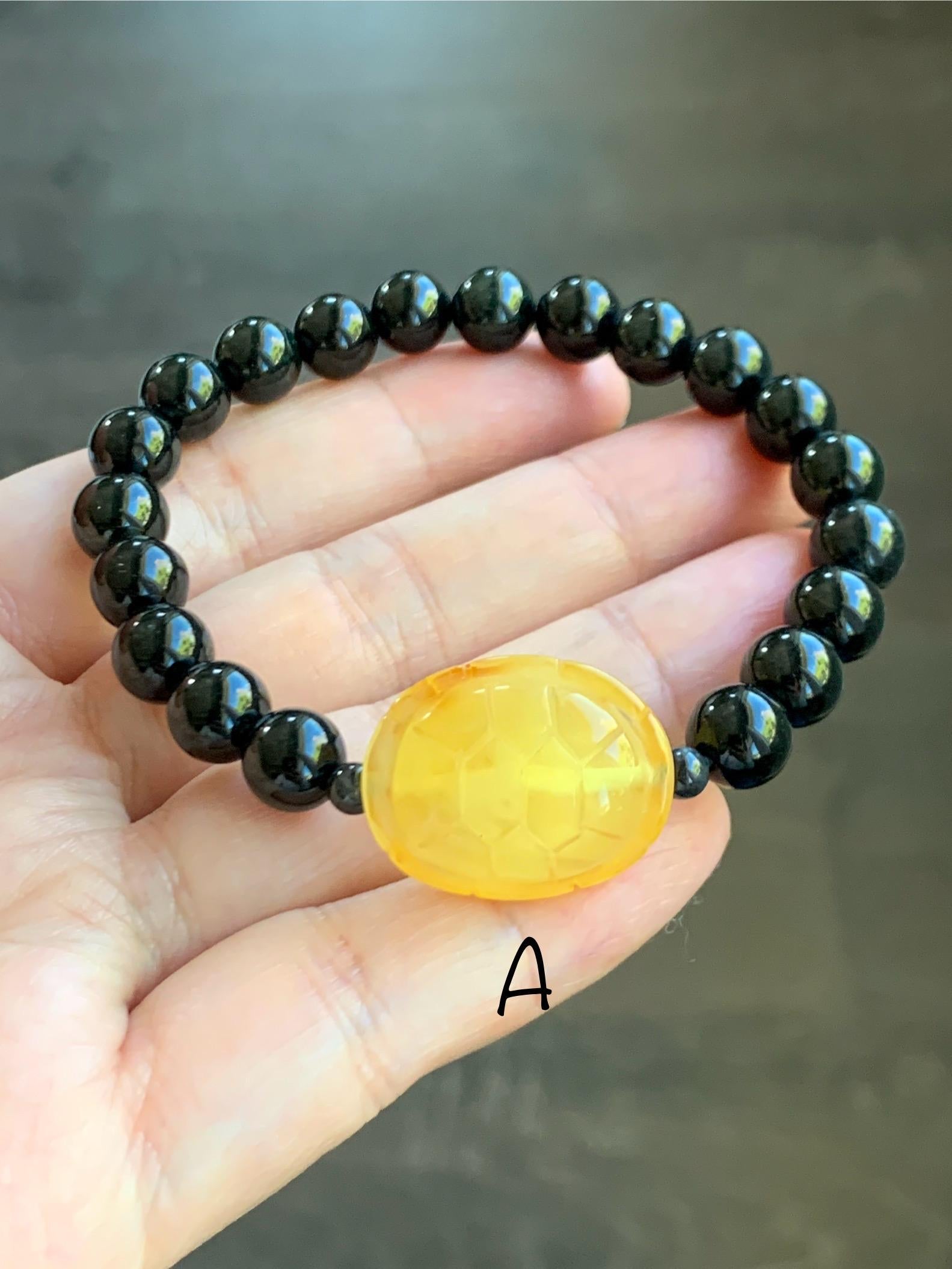 Natural Grade A Opaque Black Jade Jadeite Natural Tree Resin Carved Turle Shell Beaded Bracelet 8mm 6.25” 6.75” 7” 天然墨翠圆珠蜜蜡富甲手串 MHP