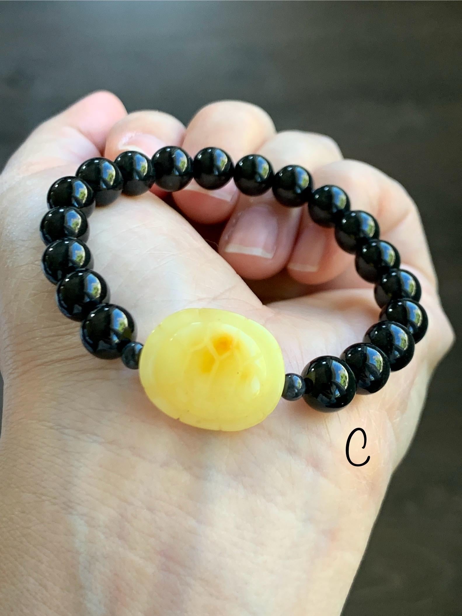 Natural Grade A Opaque Black Jade Jadeite Natural Tree Resin Carved Turle Shell Beaded Bracelet 8mm 6.25” 6.75” 7” 天然墨翠圆珠蜜蜡富甲手串 MHP