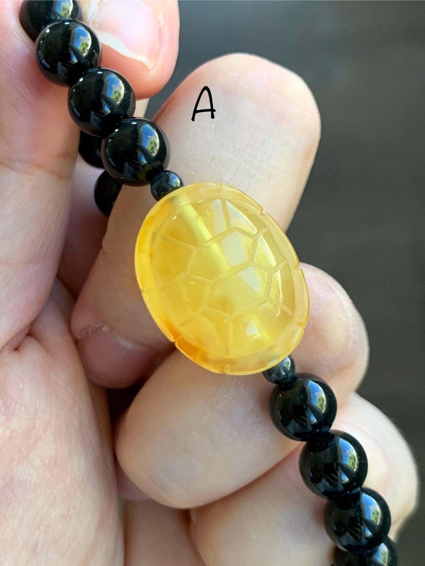 Natural Grade A Opaque Black Jade Jadeite Natural Tree Resin Carved Turle Shell Beaded Bracelet 8mm 6.25” 6.75” 7” 天然墨翠圆珠蜜蜡富甲手串 MHP