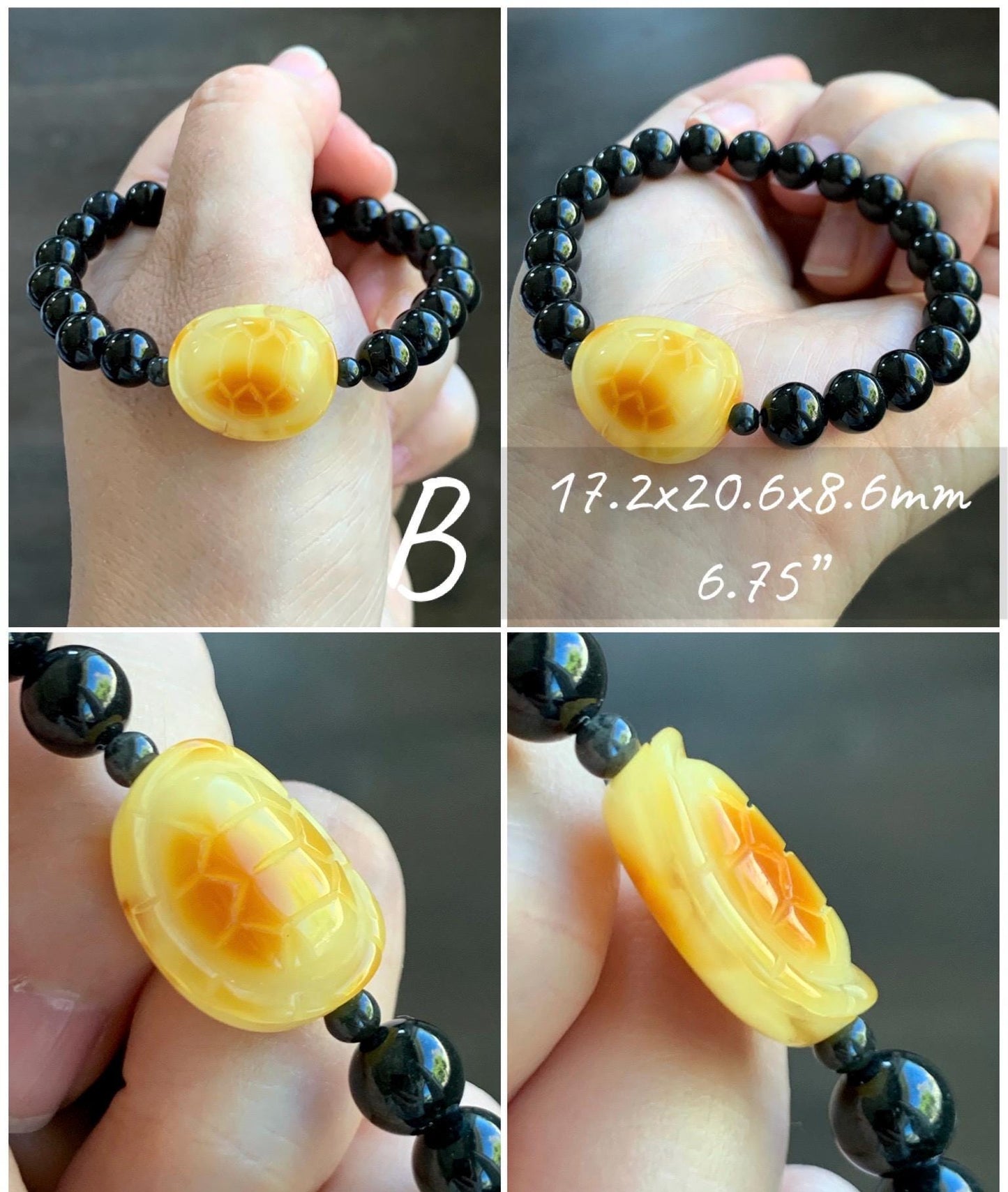 Natural Grade A Opaque Black Jade Jadeite Natural Tree Resin Carved Turle Shell Beaded Bracelet 8mm 6.25” 6.75” 7” 天然墨翠圆珠蜜蜡富甲手串 MHP