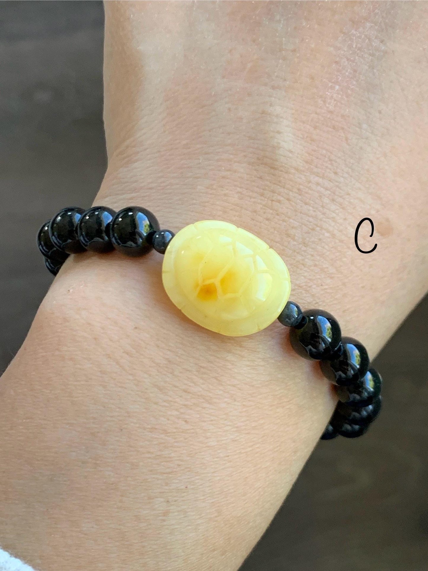 Natural Grade A Opaque Black Jade Jadeite Natural Tree Resin Carved Turle Shell Beaded Bracelet 8mm 6.25” 6.75” 7” 天然墨翠圆珠蜜蜡富甲手串 MHP