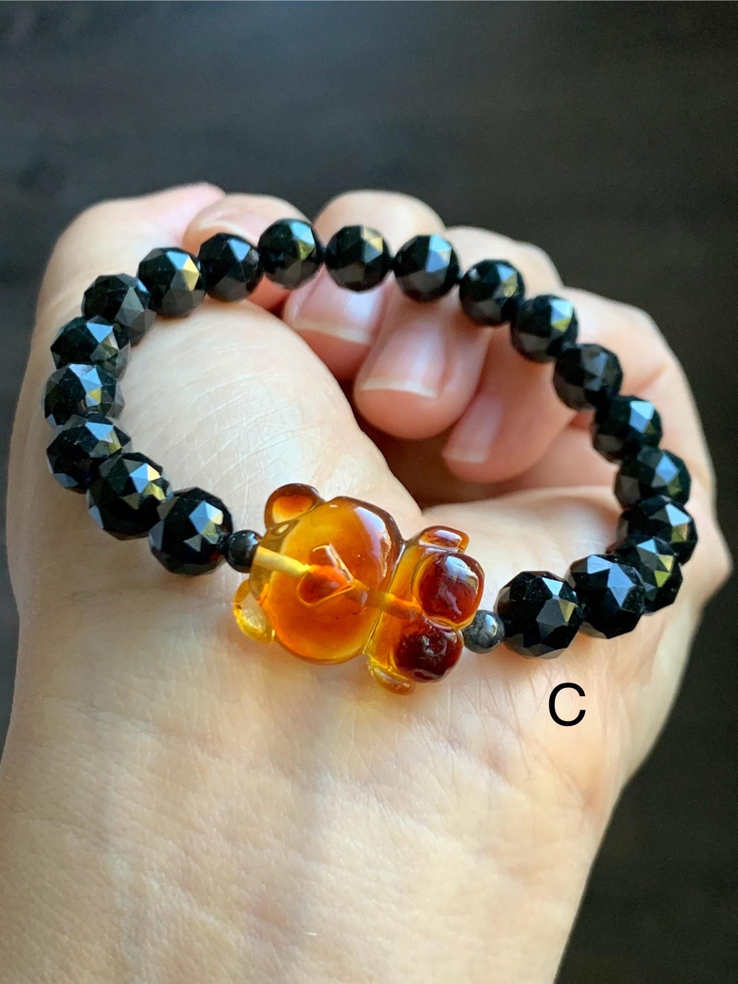 Natural Grade A Opaque Black Jade Jadeite Beads Natural Tree Resin Carved Teddy Bear Beaded Bracelet 7” 7.25” Stretchy 天然墨翠圆珠蜜蜡爱心小熊手串 HPB