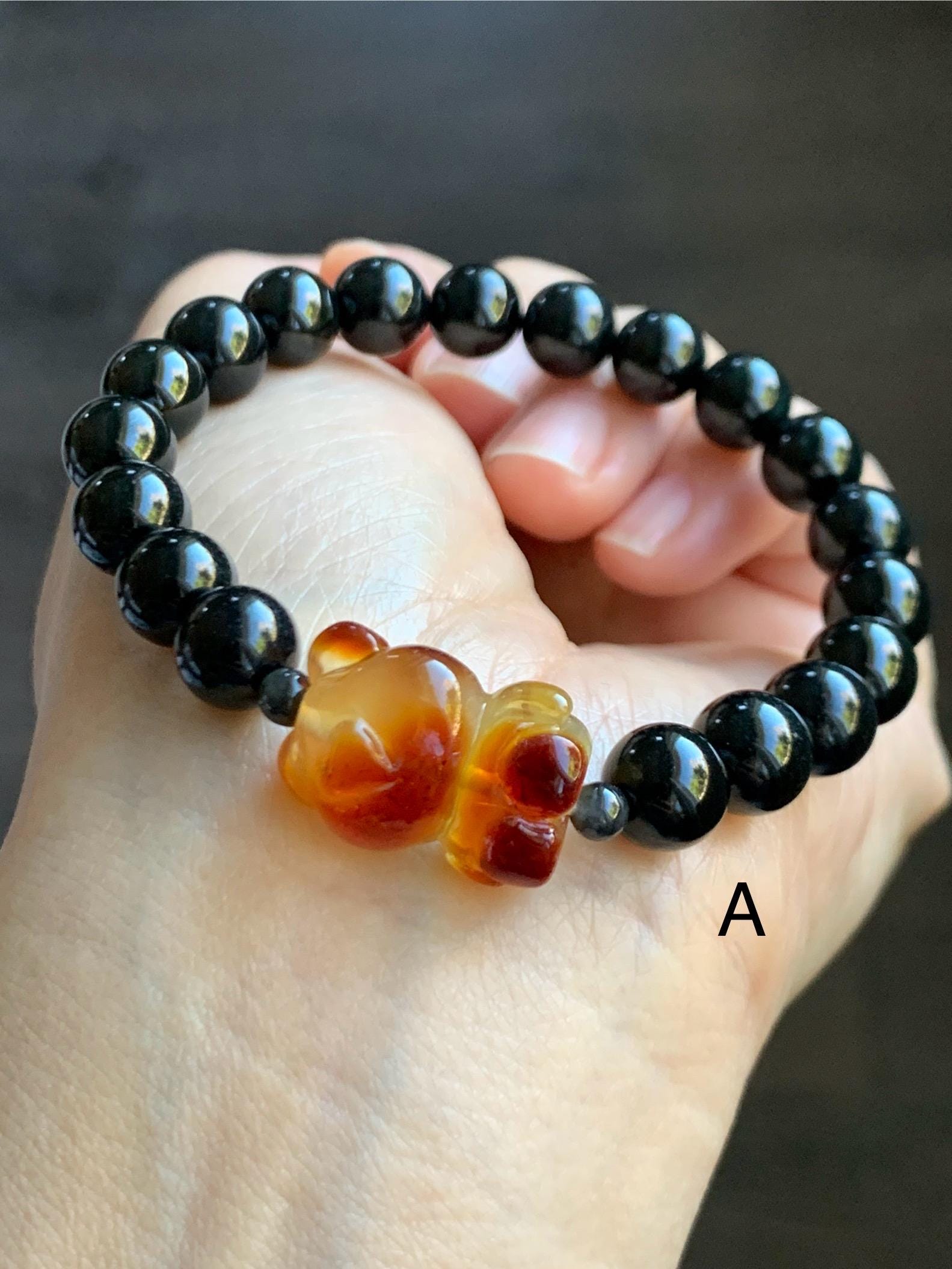 Natural Grade A Opaque Black Jade Jadeite Beads Natural Tree Resin Carved Teddy Bear Beaded Bracelet 7” 7.25” Stretchy 天然墨翠圆珠蜜蜡爱心小熊手串 HPB