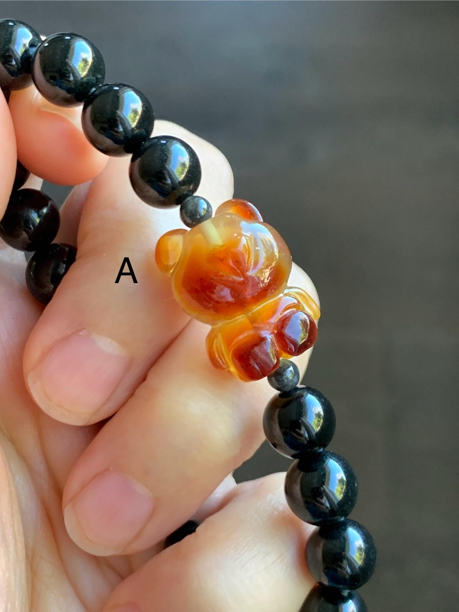 Natural Grade A Opaque Black Jade Jadeite Beads Natural Tree Resin Carved Teddy Bear Beaded Bracelet 7” 7.25” Stretchy 天然墨翠圆珠蜜蜡爱心小熊手串 HPB