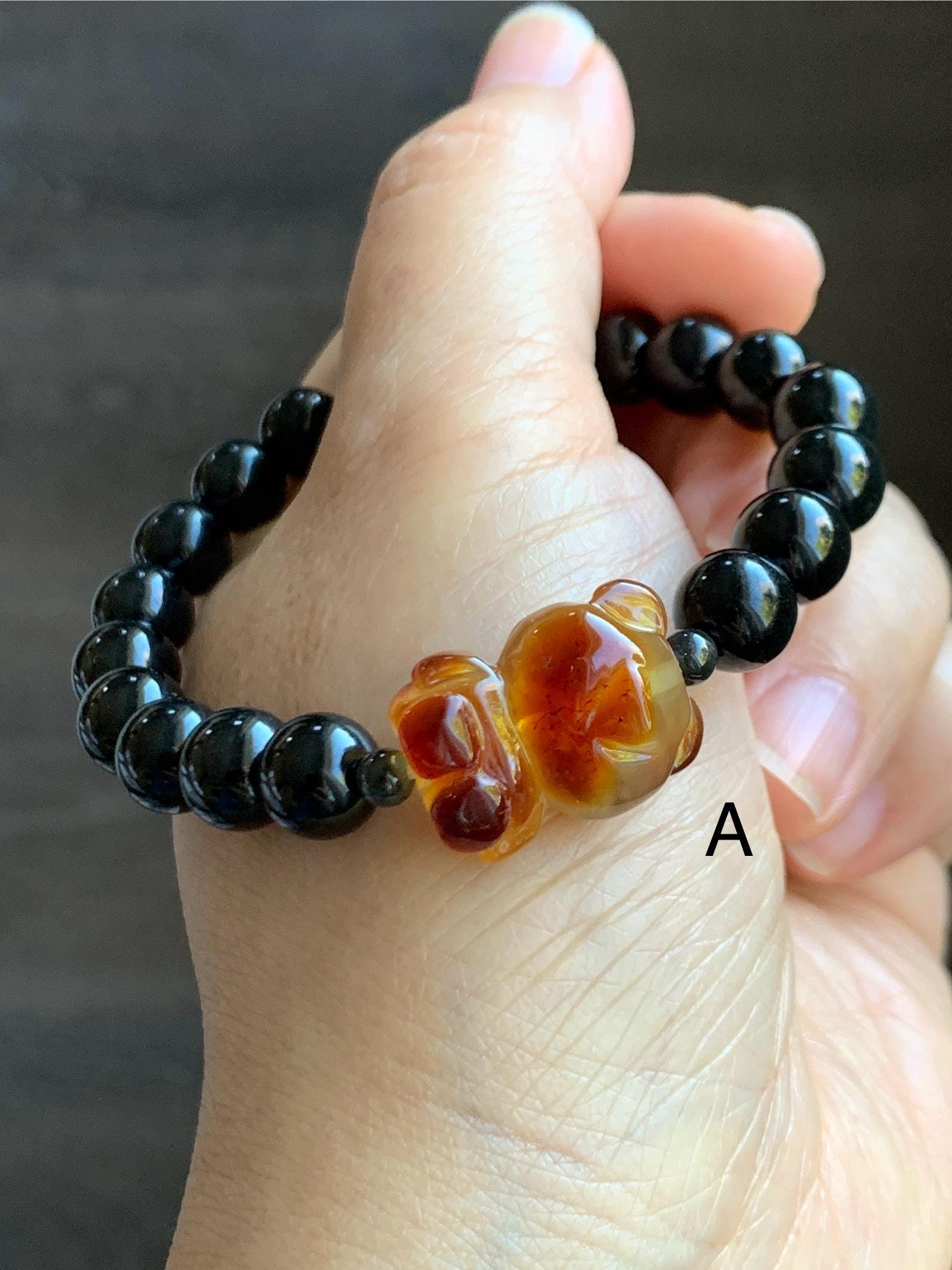 Natural Grade A Opaque Black Jade Jadeite Beads Natural Tree Resin Carved Teddy Bear Beaded Bracelet 7” 7.25” Stretchy 天然墨翠圆珠蜜蜡爱心小熊手串 HPB