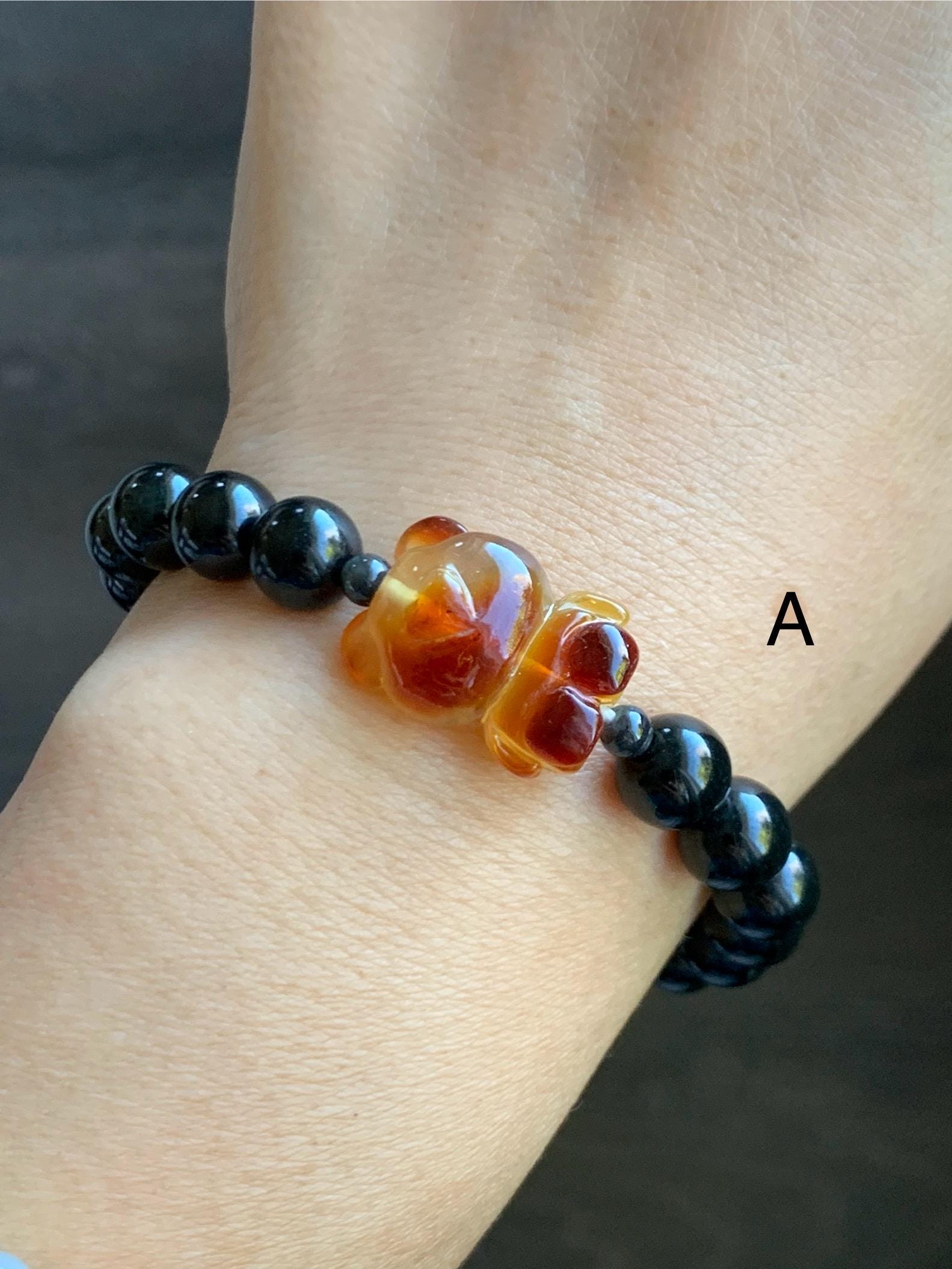 Natural Grade A Opaque Black Jade Jadeite Beads Natural Tree Resin Carved Teddy Bear Beaded Bracelet 7” 7.25” Stretchy 天然墨翠圆珠蜜蜡爱心小熊手串 HPB