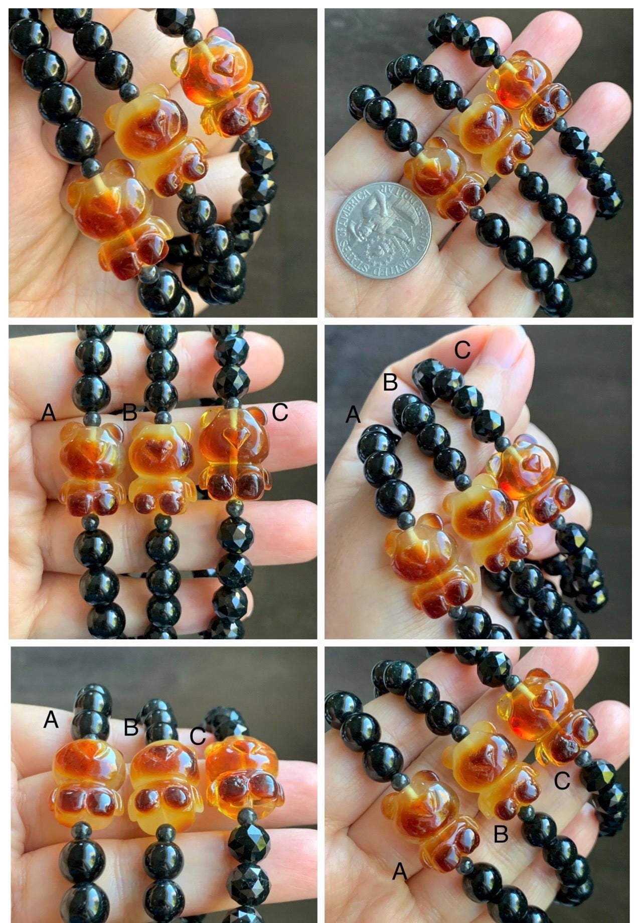 Natural Grade A Opaque Black Jade Jadeite Beads Natural Tree Resin Carved Teddy Bear Beaded Bracelet 7” 7.25” Stretchy 天然墨翠圆珠蜜蜡爱心小熊手串 HPB