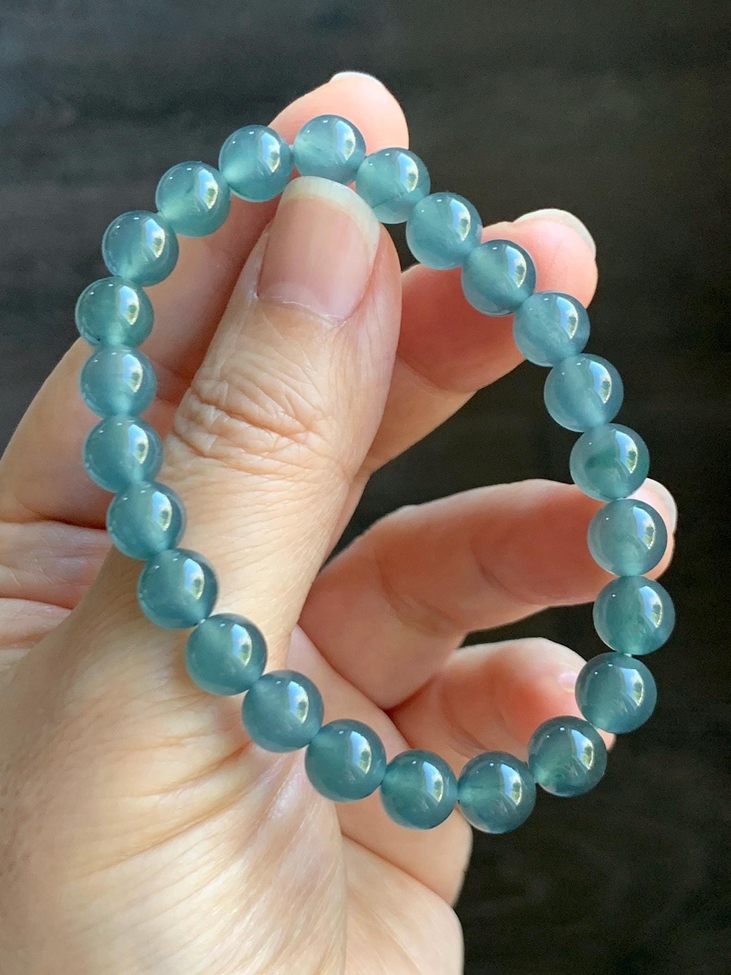 Natural Grade A Guatemalan Icy Highly Translucent Teal Blue Jade Jadeite Beaded Bracelet 7.8mm 7” 20g Stretchy 天然高冰危蓝翡翠手串 HWL286