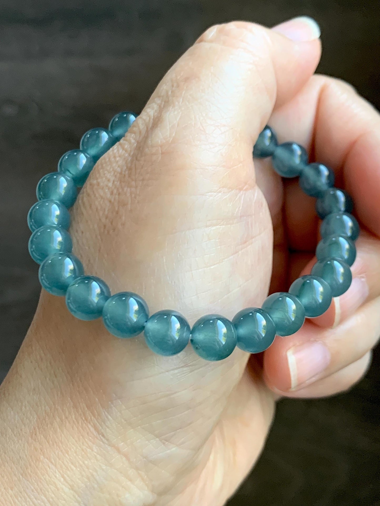 Natural Grade A Guatemalan Icy Highly Translucent Teal Blue Jade Jadeite Beaded Bracelet 7.8mm 7” 20g Stretchy 天然高冰危蓝翡翠手串 HWL286