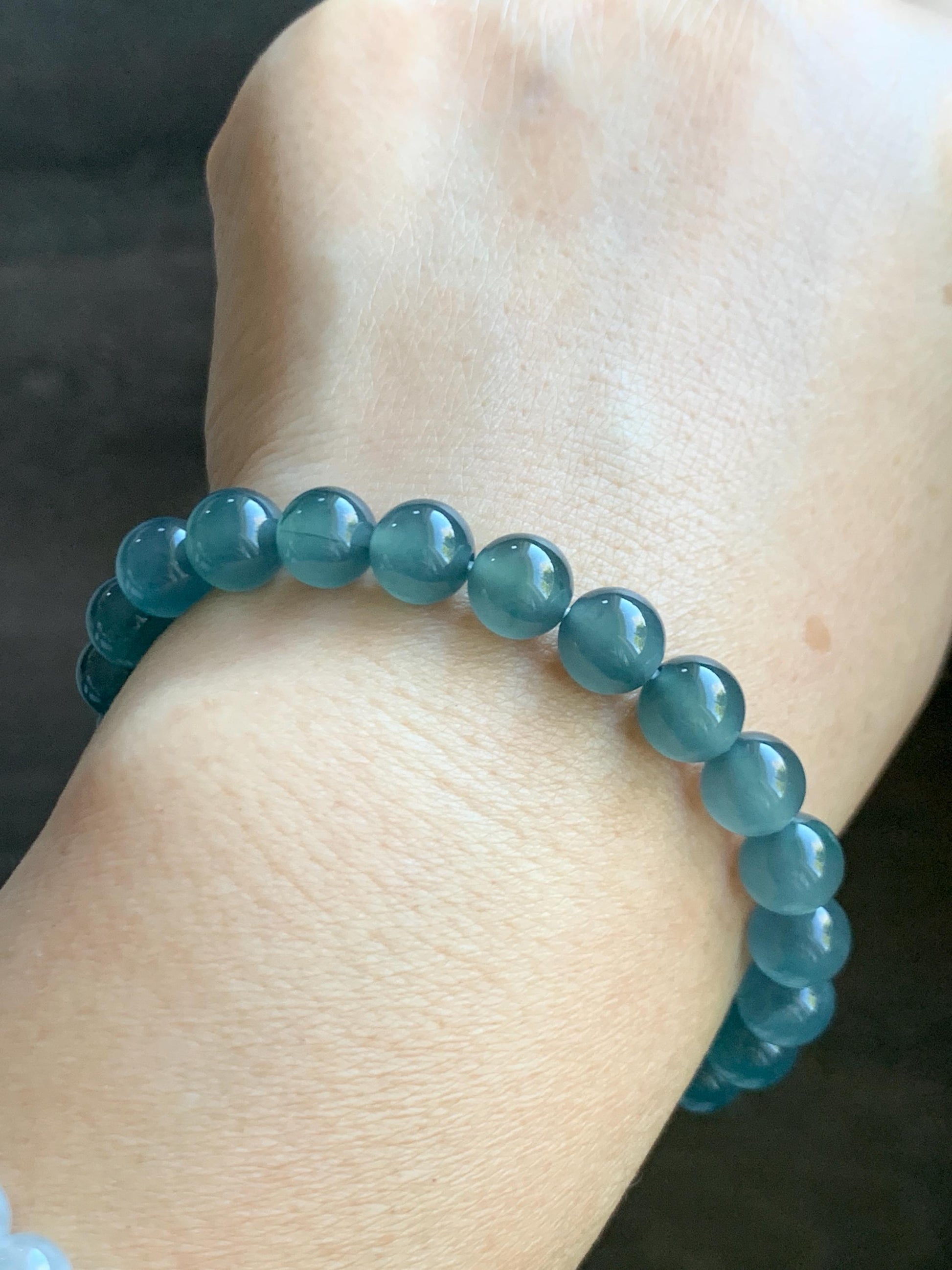 Natural Grade A Guatemalan Icy Highly Translucent Teal Blue Jade Jadeite Beaded Bracelet 7.8mm 7” 20g Stretchy 天然高冰危蓝翡翠手串 HWL286