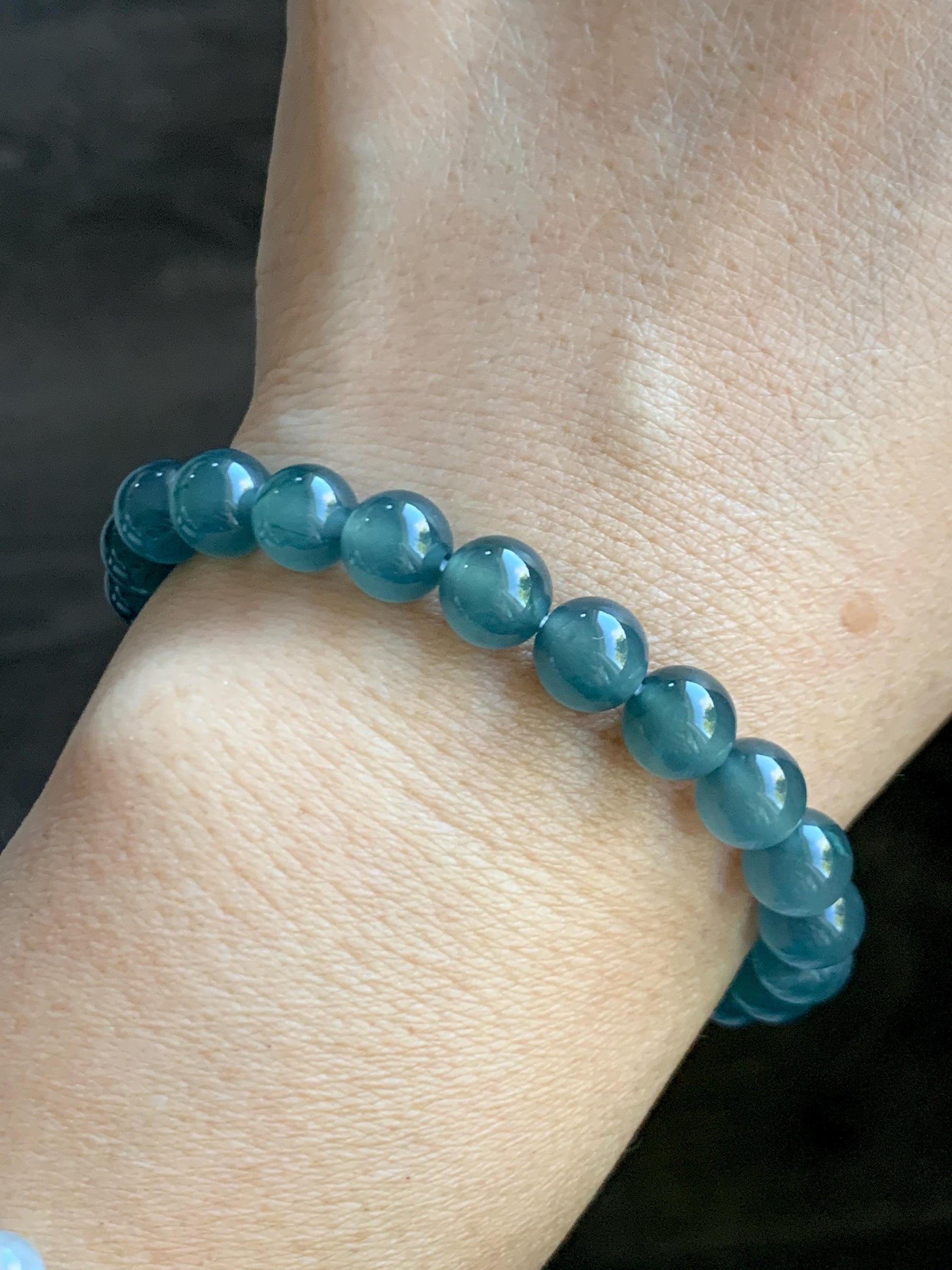 Natural Grade A Guatemalan Icy Highly Translucent Teal Blue Jade Jadeite Beaded Bracelet 7.8mm 7” 20g Stretchy 天然高冰危蓝翡翠手串 HWL286
