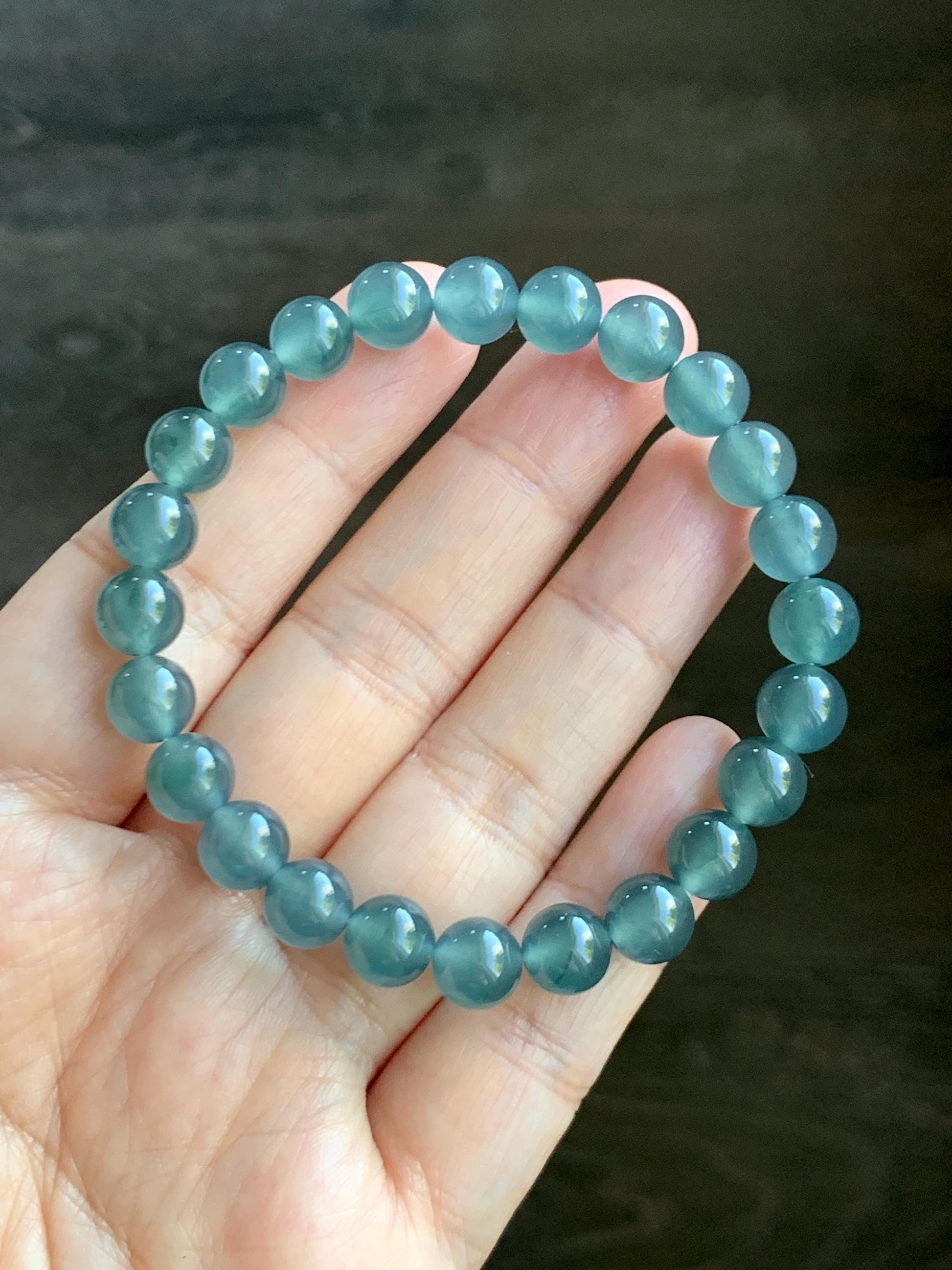 Natural Grade A Guatemalan Icy Highly Translucent Teal Blue Jade Jadeite Beaded Bracelet 7.8mm 7” 20g Stretchy 天然高冰危蓝翡翠手串 HWL286