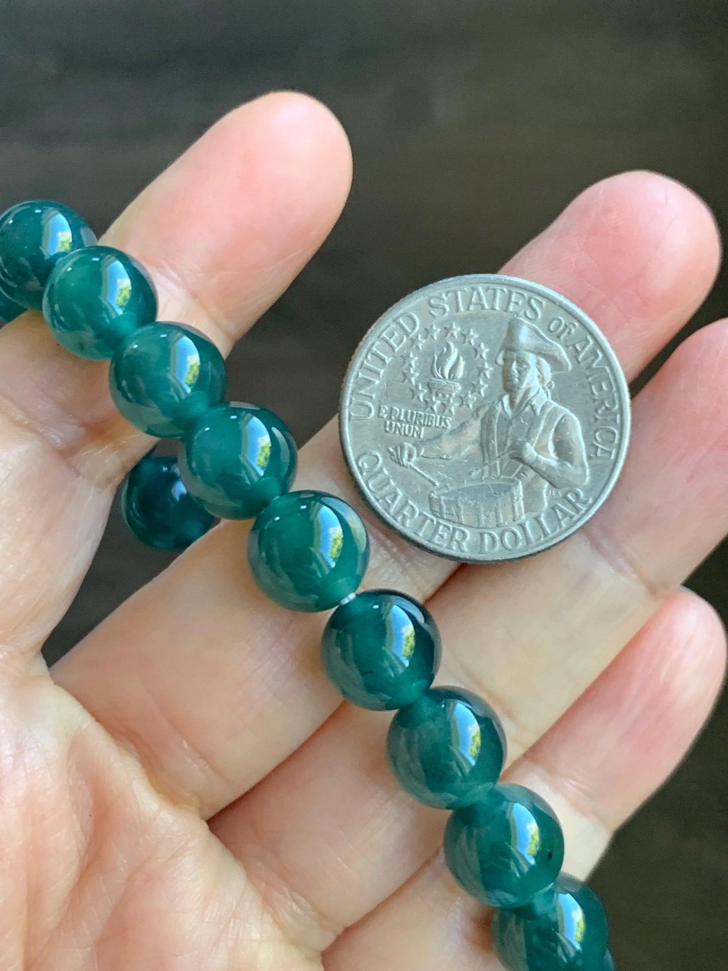Natural Grade A Guatemalan Icy Translucent Dark Teal Green Jade Jadeite Beaded Bracelet Stretchy 9.8mm 7.25” 32g 天然冰危深蓝绿翡翠圆珠手串 WLZ400A