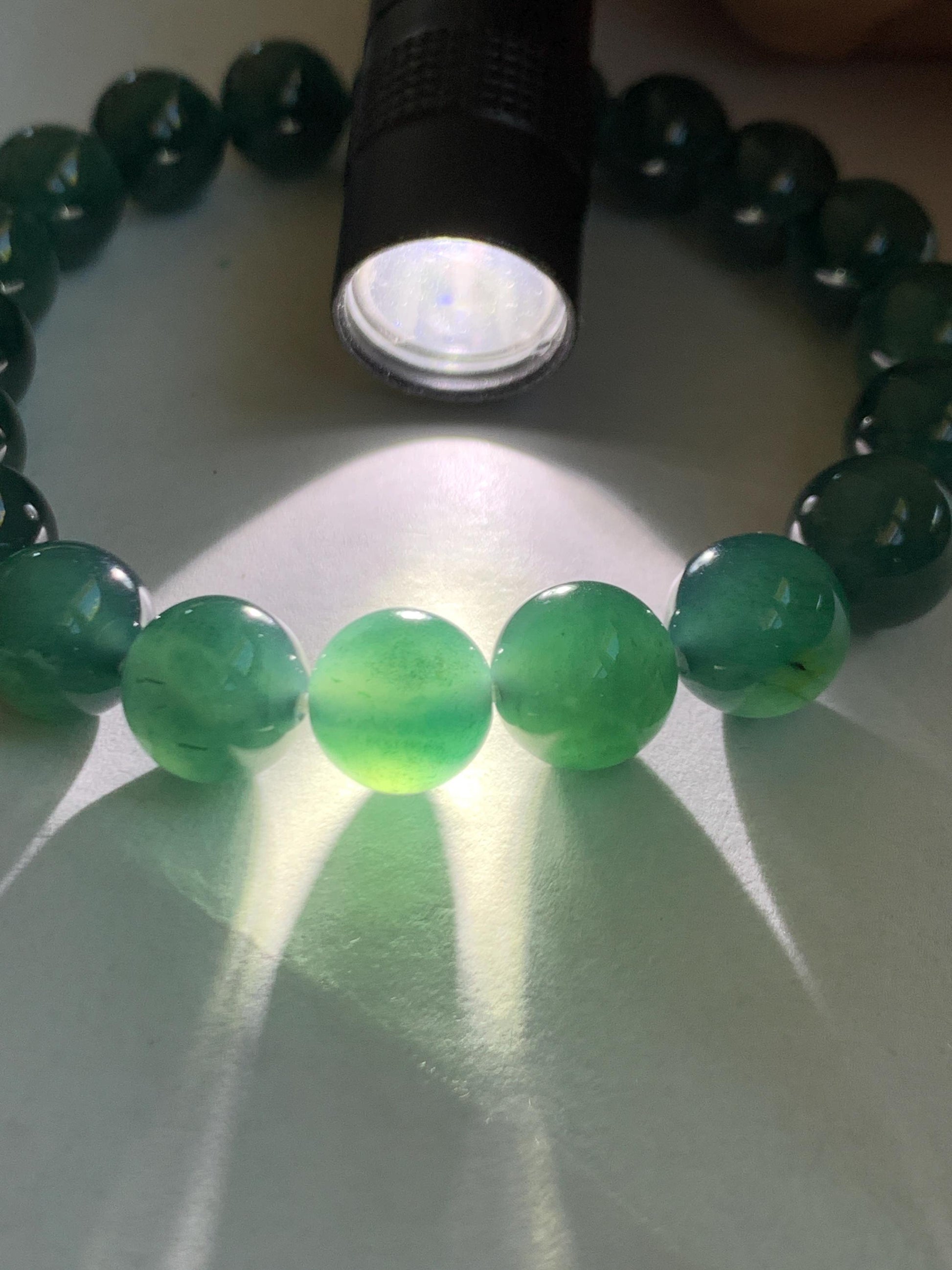 Natural Grade A Guatemalan Icy Translucent Dark Teal Green Jade Jadeite Beaded Bracelet Stretchy 9.8mm 7.25” 32g 天然冰危深蓝绿翡翠圆珠手串 WLZ400A
