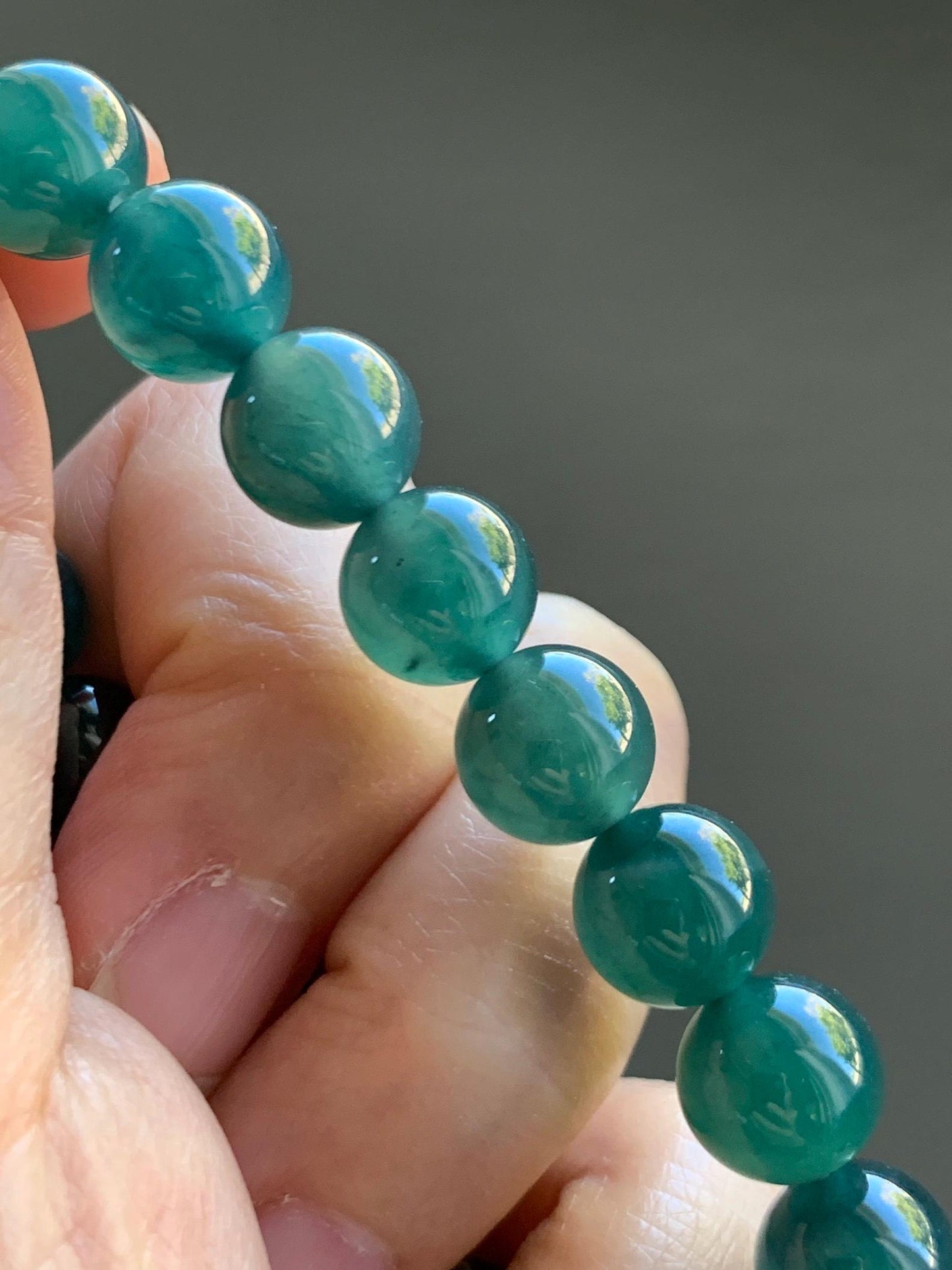 Natural Grade A Guatemalan Icy Translucent Dark Teal Green Jade Jadeite Beaded Bracelet Stretchy 9.8mm 7.25” 32g 天然冰危深蓝绿翡翠圆珠手串 WLZ400A