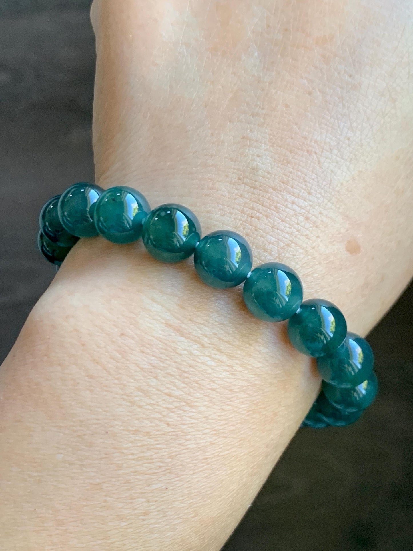 Natural Grade A Guatemalan Icy Translucent Dark Teal Green Jade Jadeite Beaded Bracelet Stretchy 9.8mm 7.25” 32g 天然冰危深蓝绿翡翠圆珠手串 WLZ400A