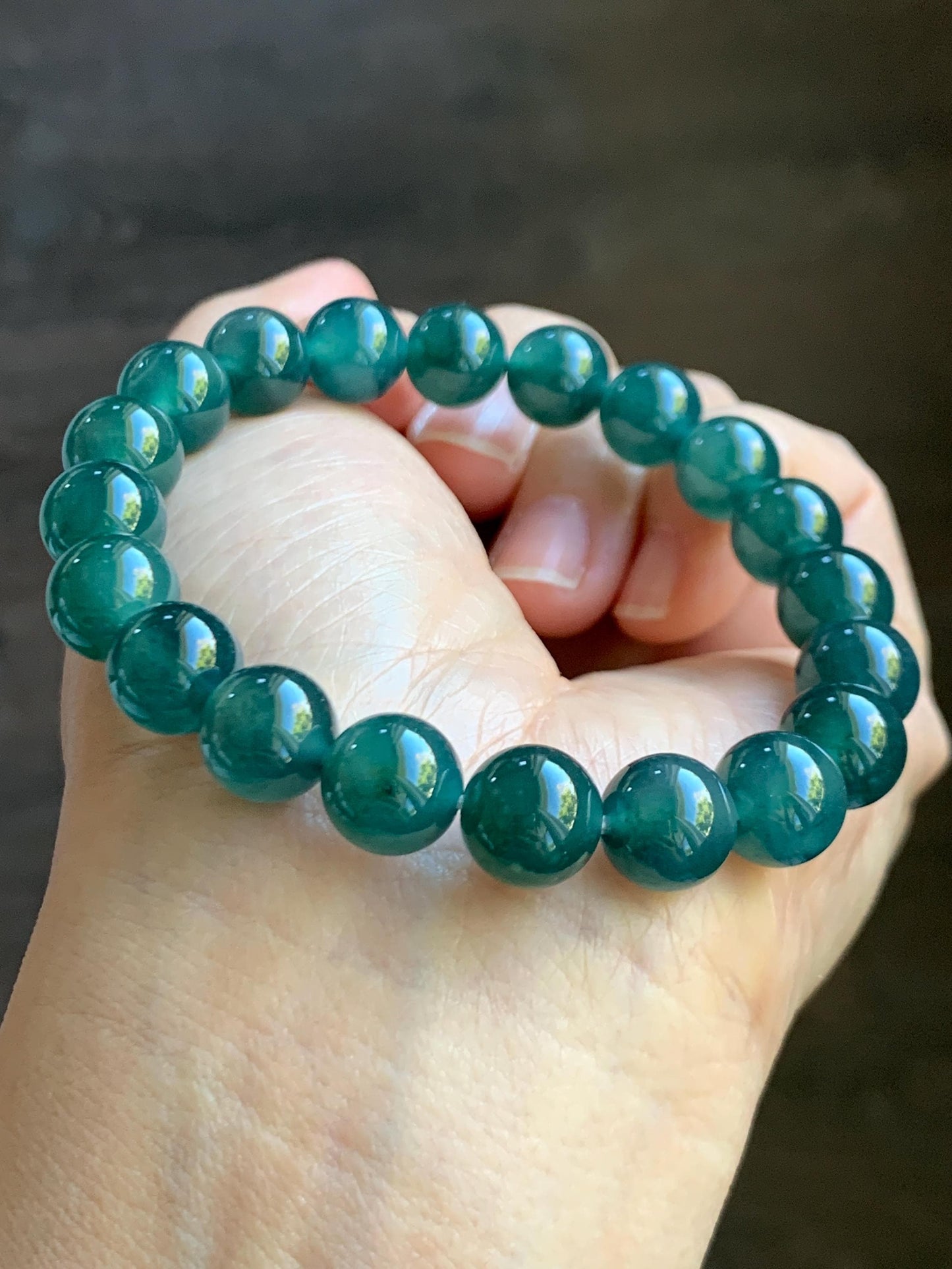 Natural Grade A Guatemalan Icy Translucent Dark Teal Green Jade Jadeite Beaded Bracelet Stretchy 9.8mm 7.25” 32g 天然冰危深蓝绿翡翠圆珠手串 WLZ400A