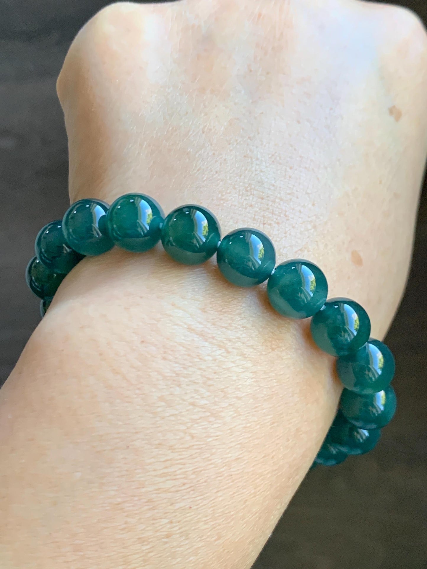 Natural Grade A Guatemalan Icy Translucent Dark Teal Green Jade Jadeite Beaded Bracelet Stretchy 9.8mm 7.25” 32g 天然冰危深蓝绿翡翠圆珠手串 WLZ400A