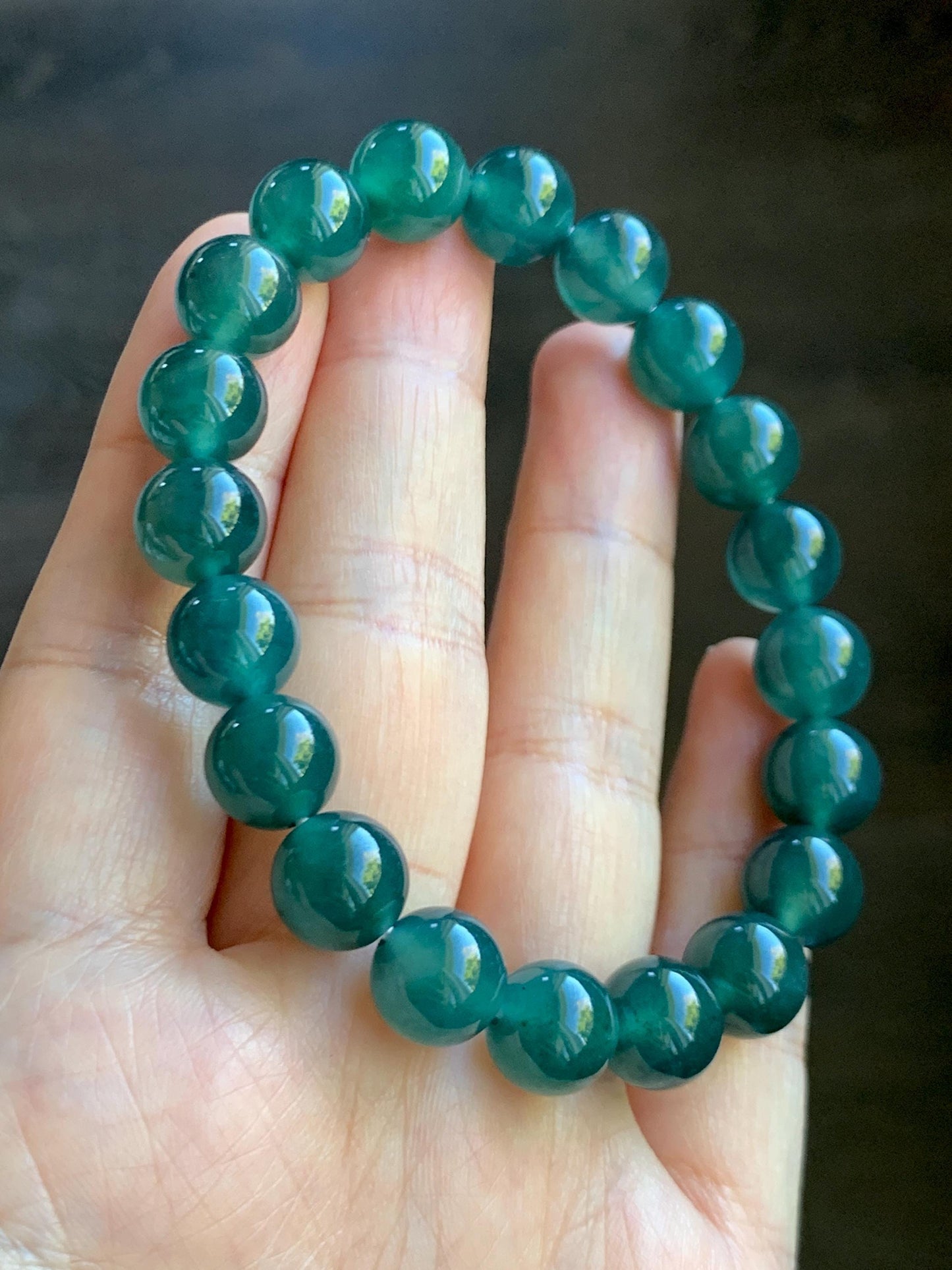 Natural Grade A Guatemalan Icy Translucent Dark Teal Green Jade Jadeite Beaded Bracelet Stretchy 9.8mm 7.25” 32g 天然冰危深蓝绿翡翠圆珠手串 WLZ400A