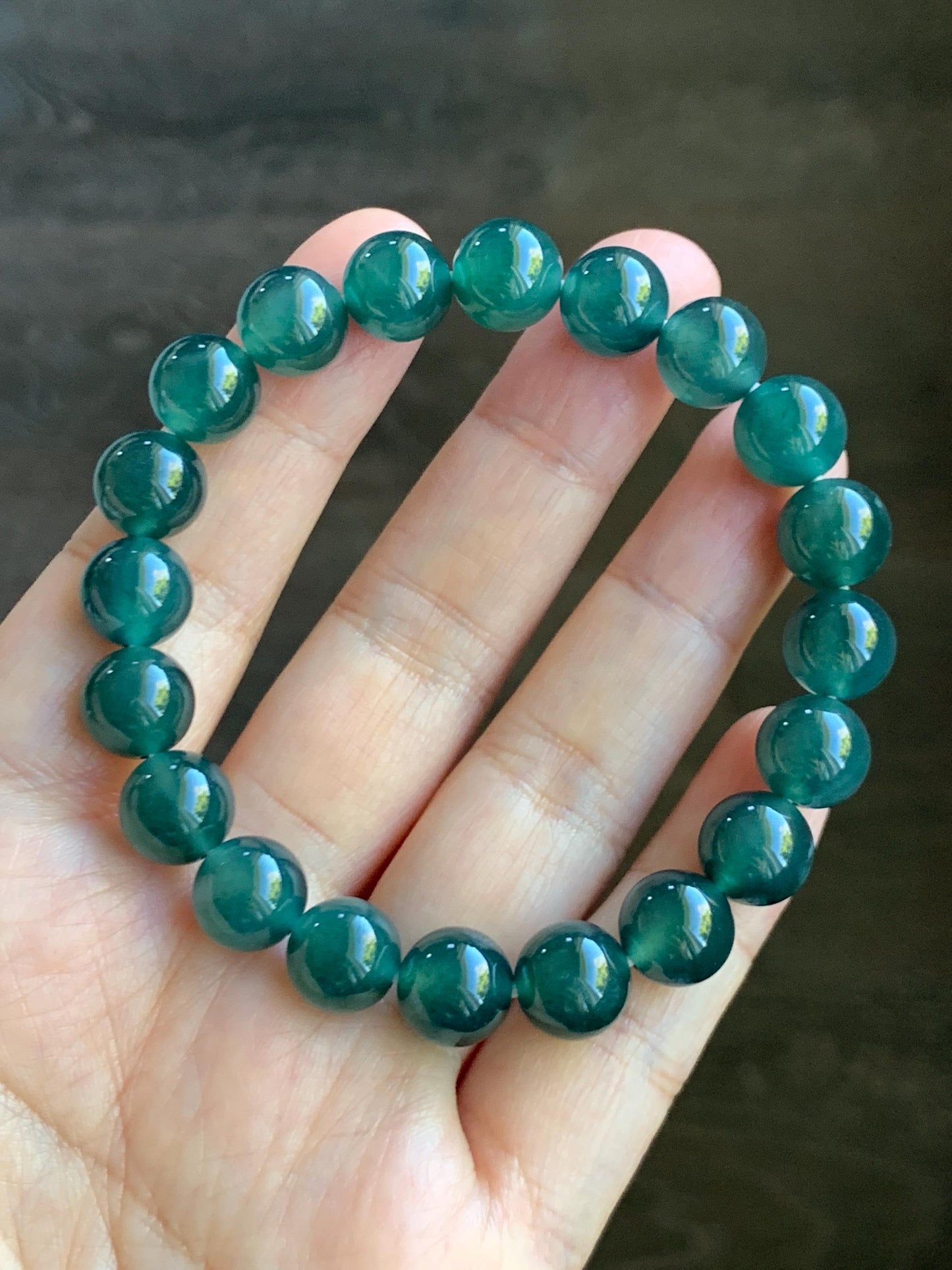 Natural Grade A Guatemalan Icy Translucent Dark Teal Green Jade Jadeite Beaded Bracelet Stretchy 9.8mm 7.25” 32g 天然冰危深蓝绿翡翠圆珠手串 WLZ400A