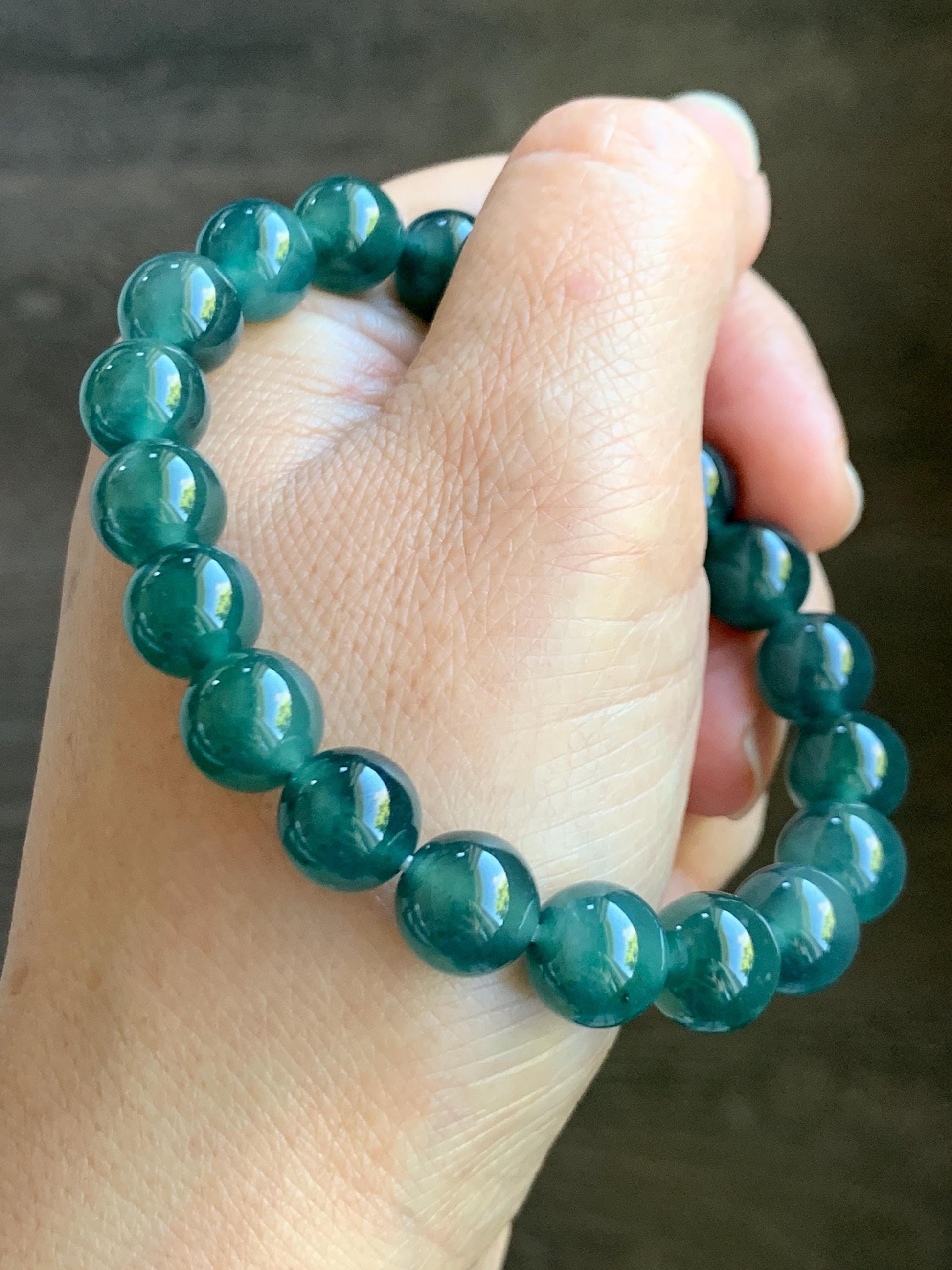 Natural Grade A Guatemalan Icy Translucent Dark Teal Green Jade Jadeite Beaded Bracelet Stretchy 9.8mm 7.25” 32g 天然冰危深蓝绿翡翠圆珠手串 WLZ400A