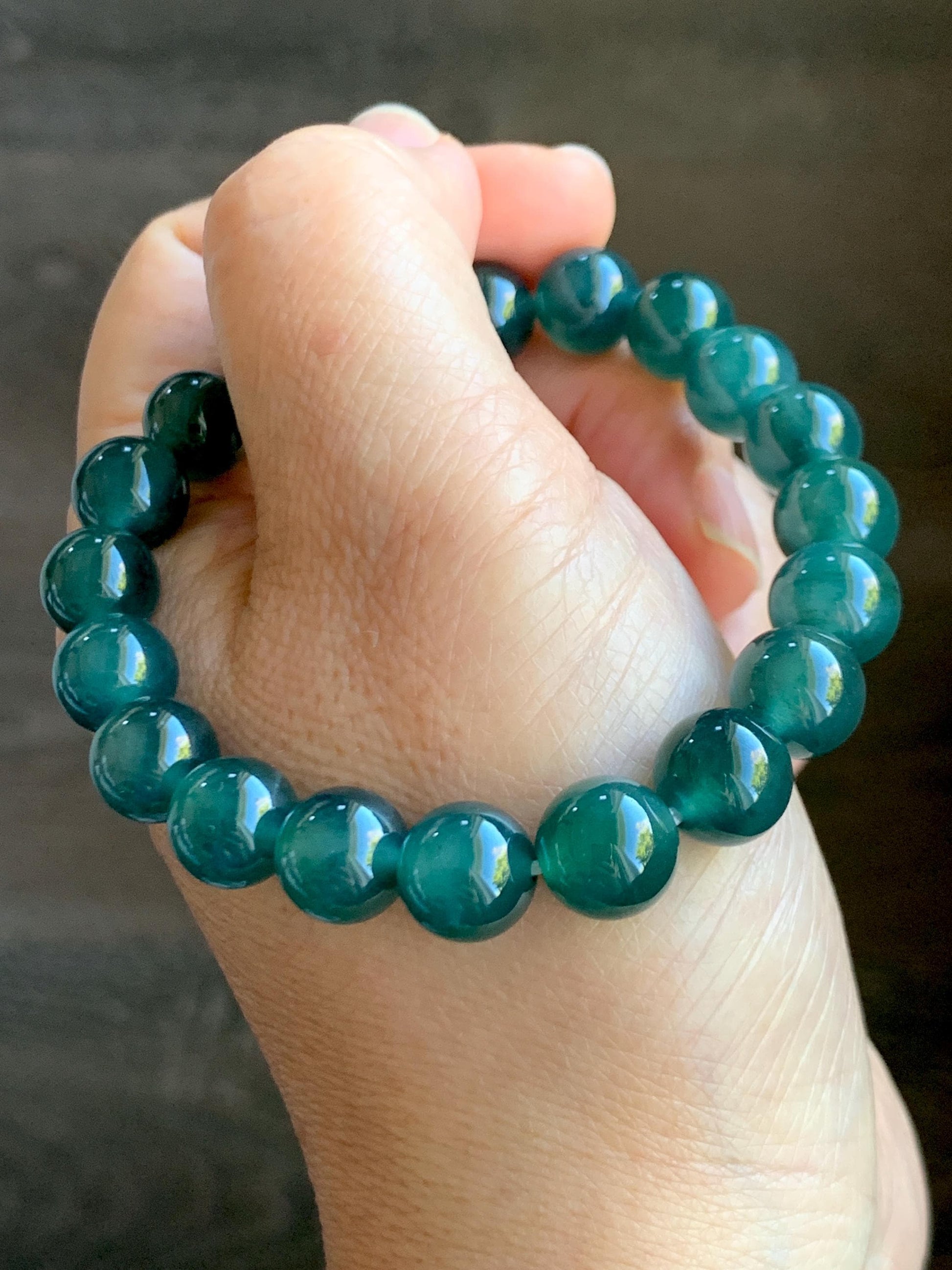 Natural Grade A Guatemalan Icy Translucent Dark Teal Green Jade Jadeite Beaded Bracelet Stretchy 9.8mm 7.25” 32g 天然冰危深蓝绿翡翠圆珠手串 WLZ400A