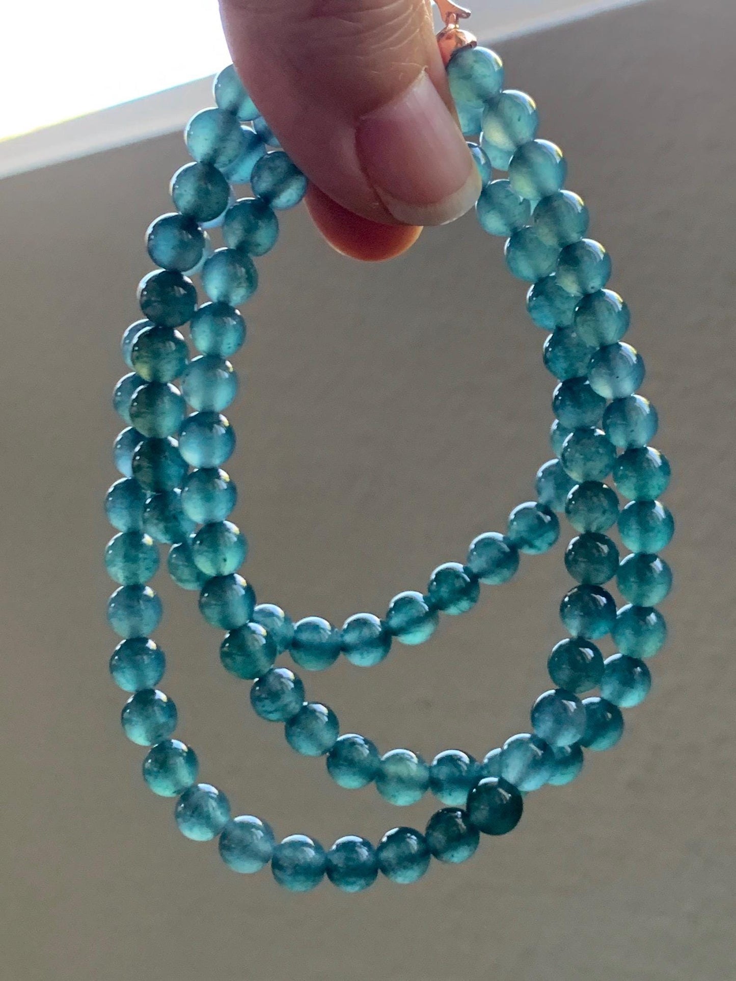 Grade A Natural Guatemalan Icy Highly Translucent Aegean Blue Jade Jadeite Beaded Necklace 5.9mm 23” 36g 天然冰危蓝翡翠圆珠项链 WXL308