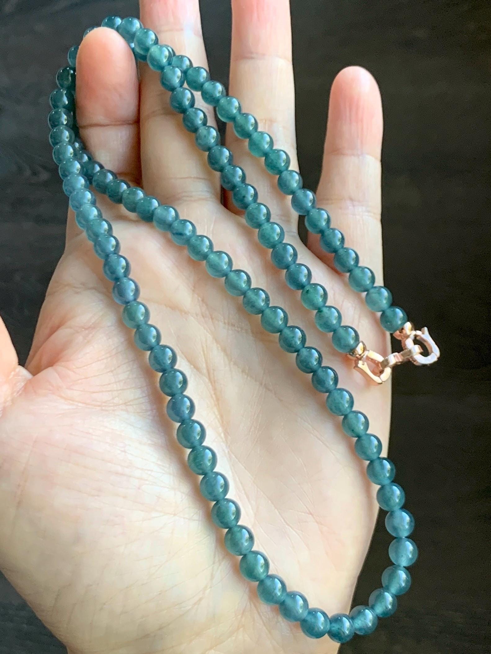 Grade A Natural Guatemalan Icy Highly Translucent Aegean Blue Jade Jadeite Beaded Necklace 5.9mm 23” 36g 天然冰危蓝翡翠圆珠项链 WXL308