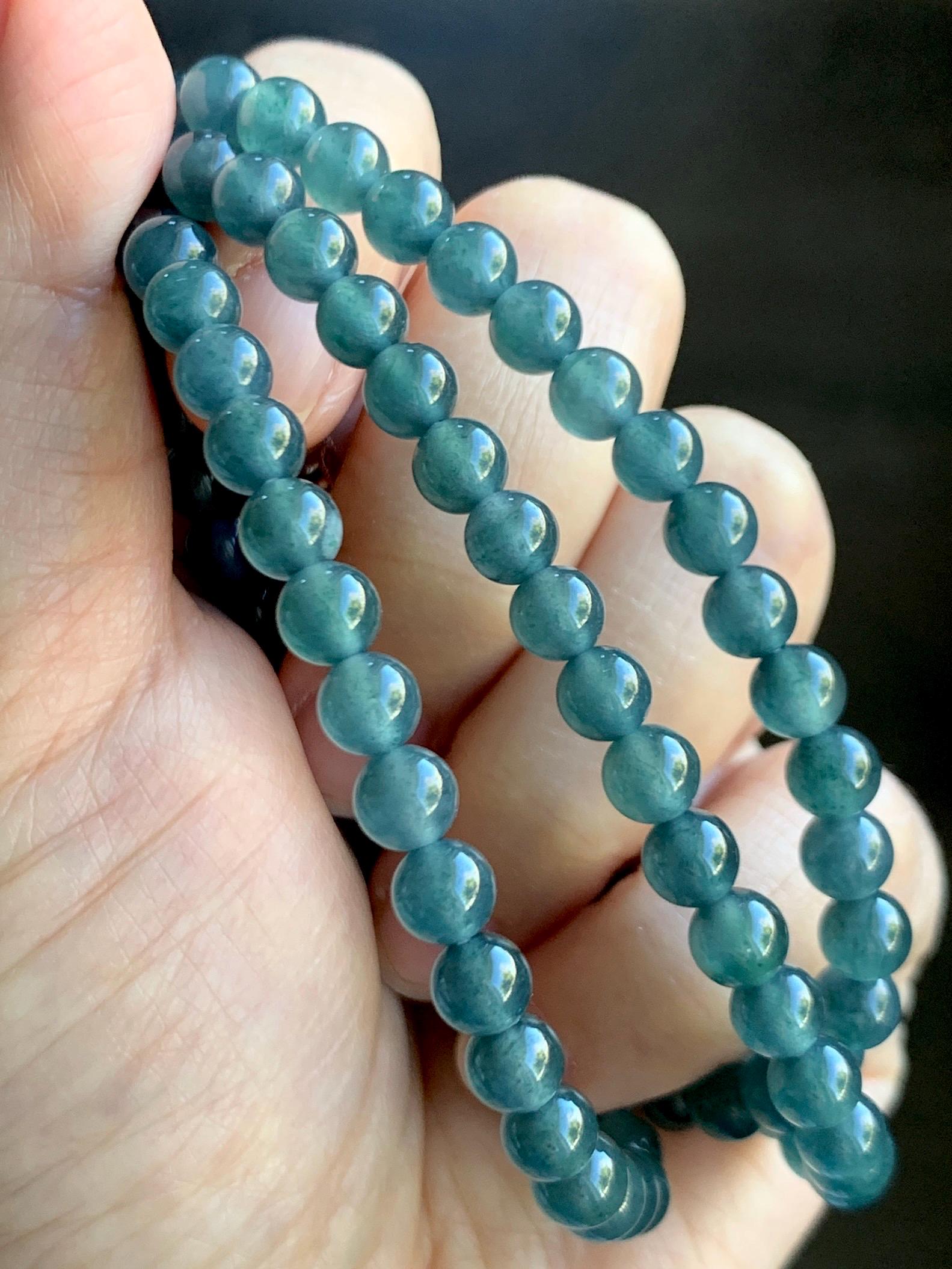 Grade A Natural Guatemalan Icy Highly Translucent Aegean Blue Jade Jadeite Beaded Necklace 5.9mm 23” 36g 天然冰危蓝翡翠圆珠项链 WXL308