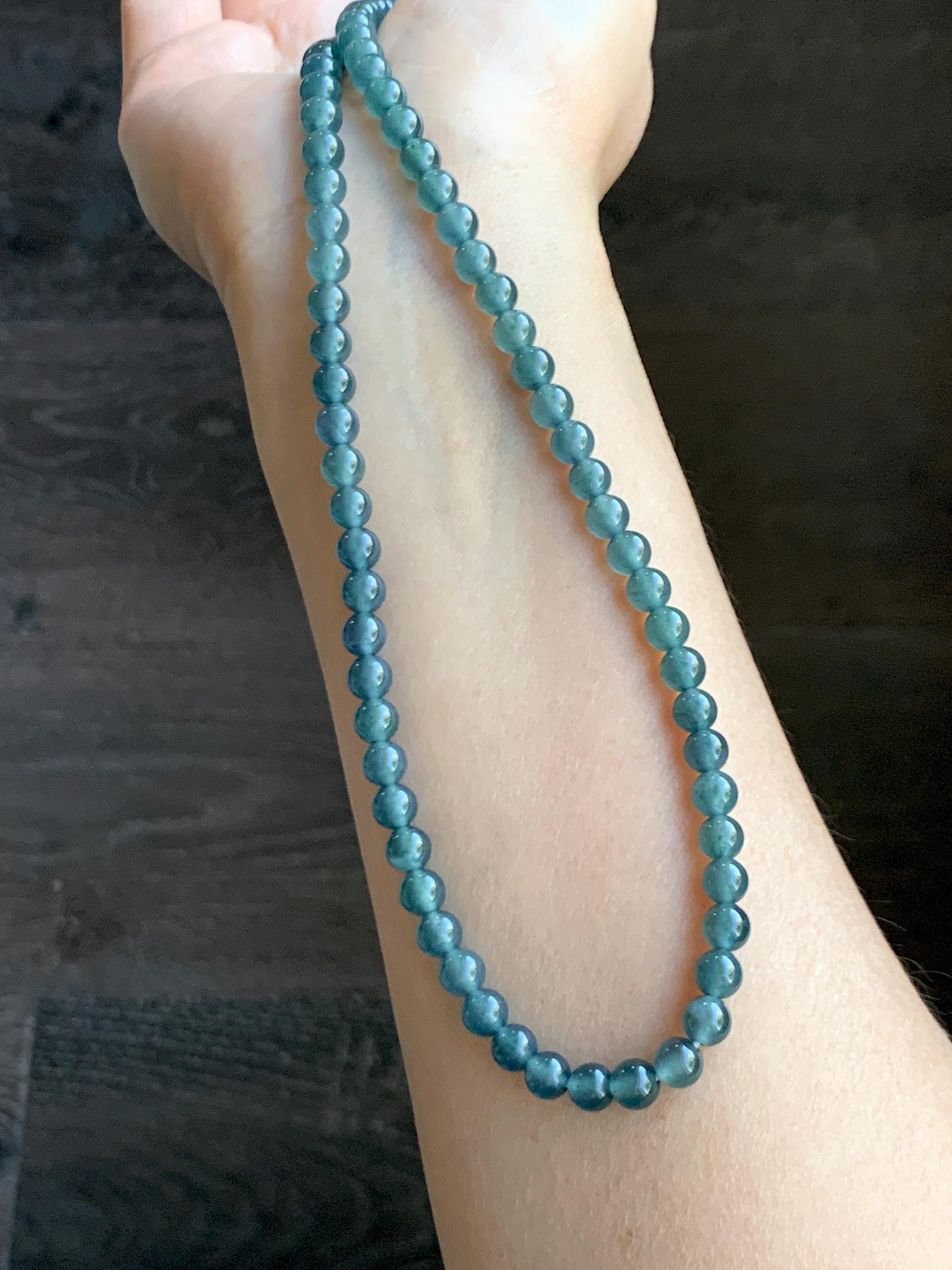 Grade A Natural Guatemalan Icy Highly Translucent Aegean Blue Jade Jadeite Beaded Necklace 5.9mm 23” 36g 天然冰危蓝翡翠圆珠项链 WXL308