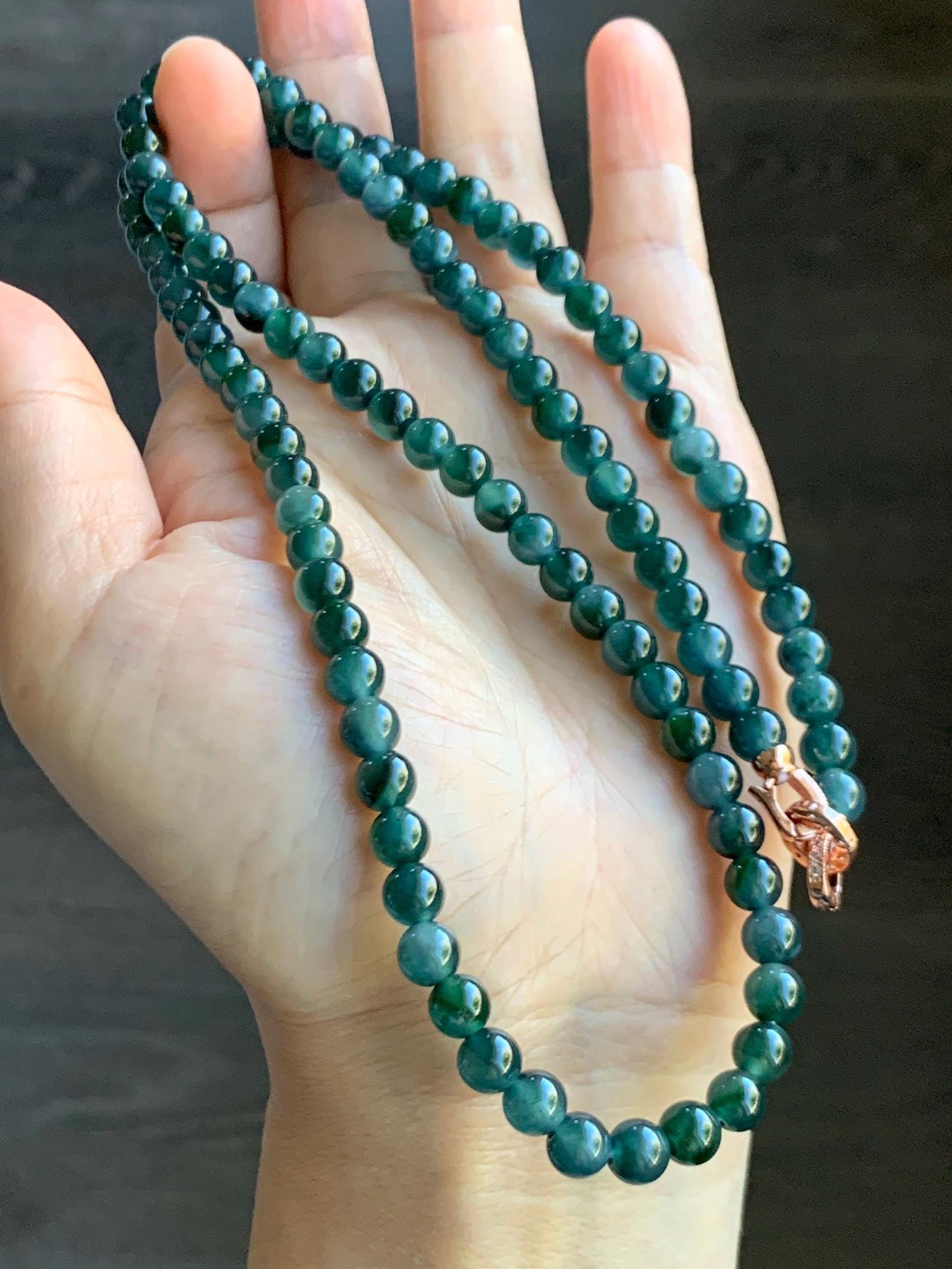 Certified Grade A Natural Guatemalan Icy Translucent Dark Teal & Green Marbled Jade Jadeite Beaded Necklace 6.5mm 26.5” 47g 天然冰危蓝飘花翡翠珠项链 737