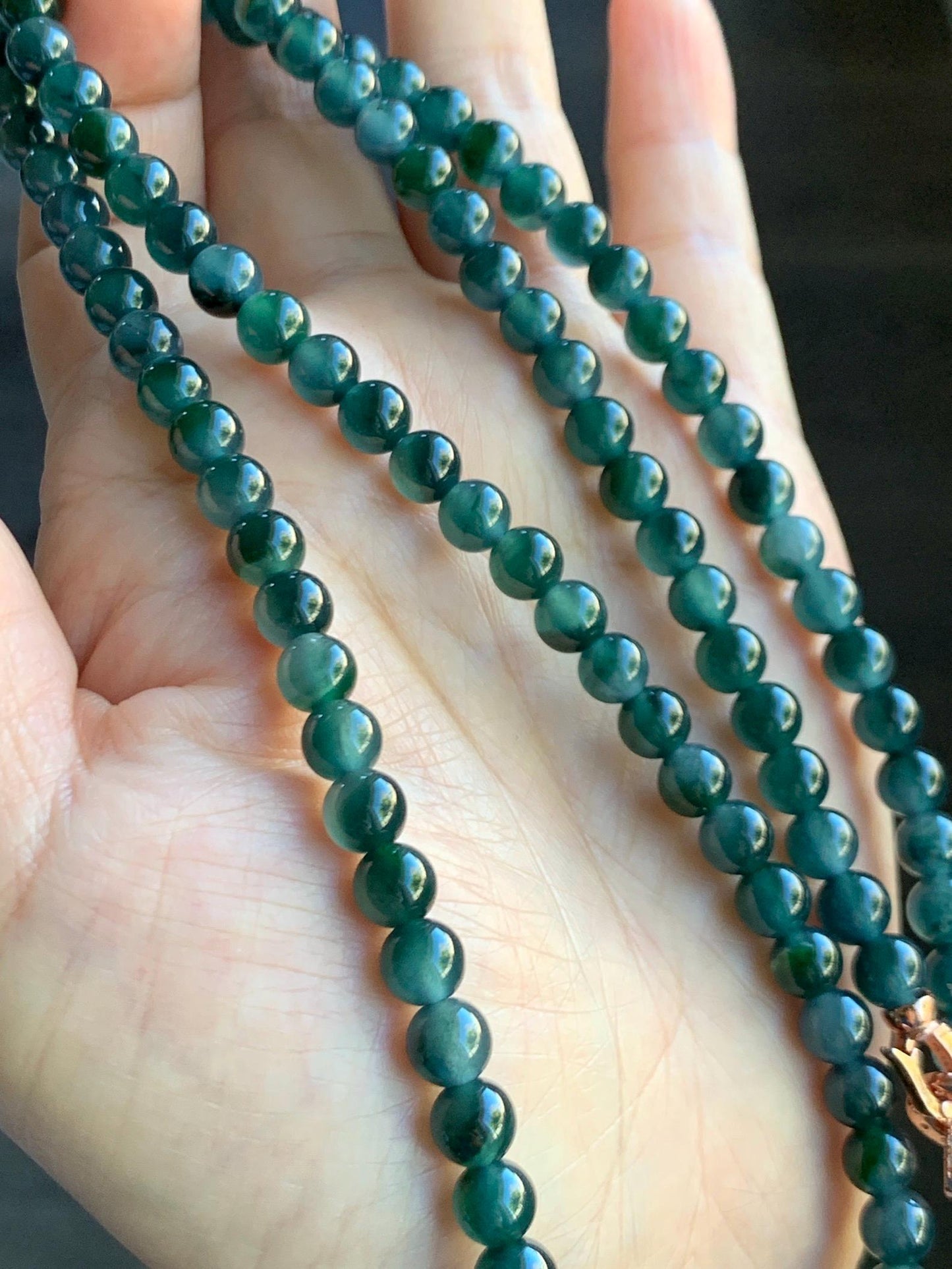 Certified Grade A Natural Guatemalan Icy Translucent Dark Teal & Green Marbled Jade Jadeite Beaded Necklace 6.5mm 26.5” 47g 天然冰危蓝飘花翡翠珠项链 737