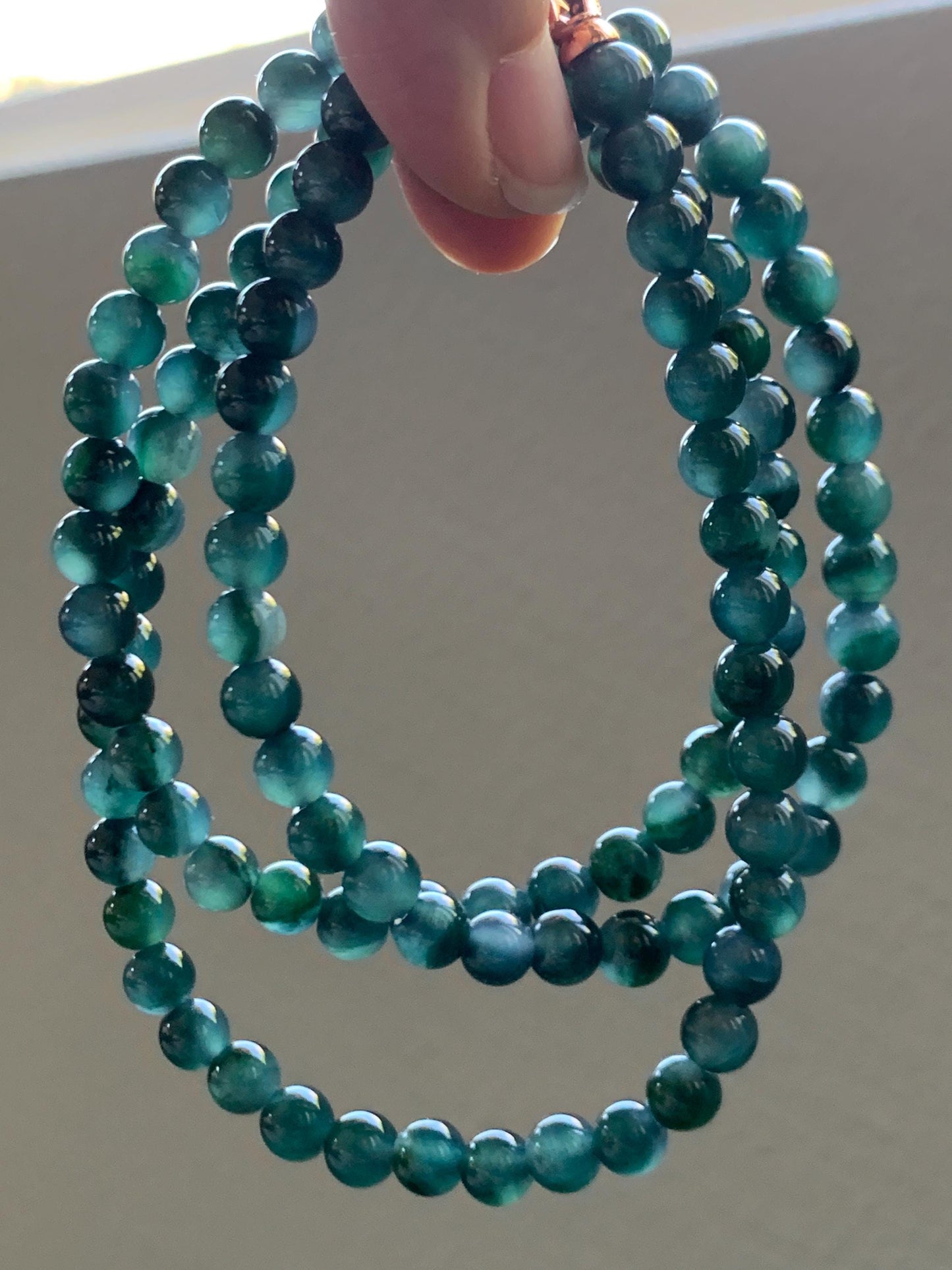 Certified Grade A Natural Guatemalan Icy Translucent Dark Teal & Green Marbled Jade Jadeite Beaded Necklace 6.5mm 26.5” 47g 天然冰危蓝飘花翡翠珠项链 737