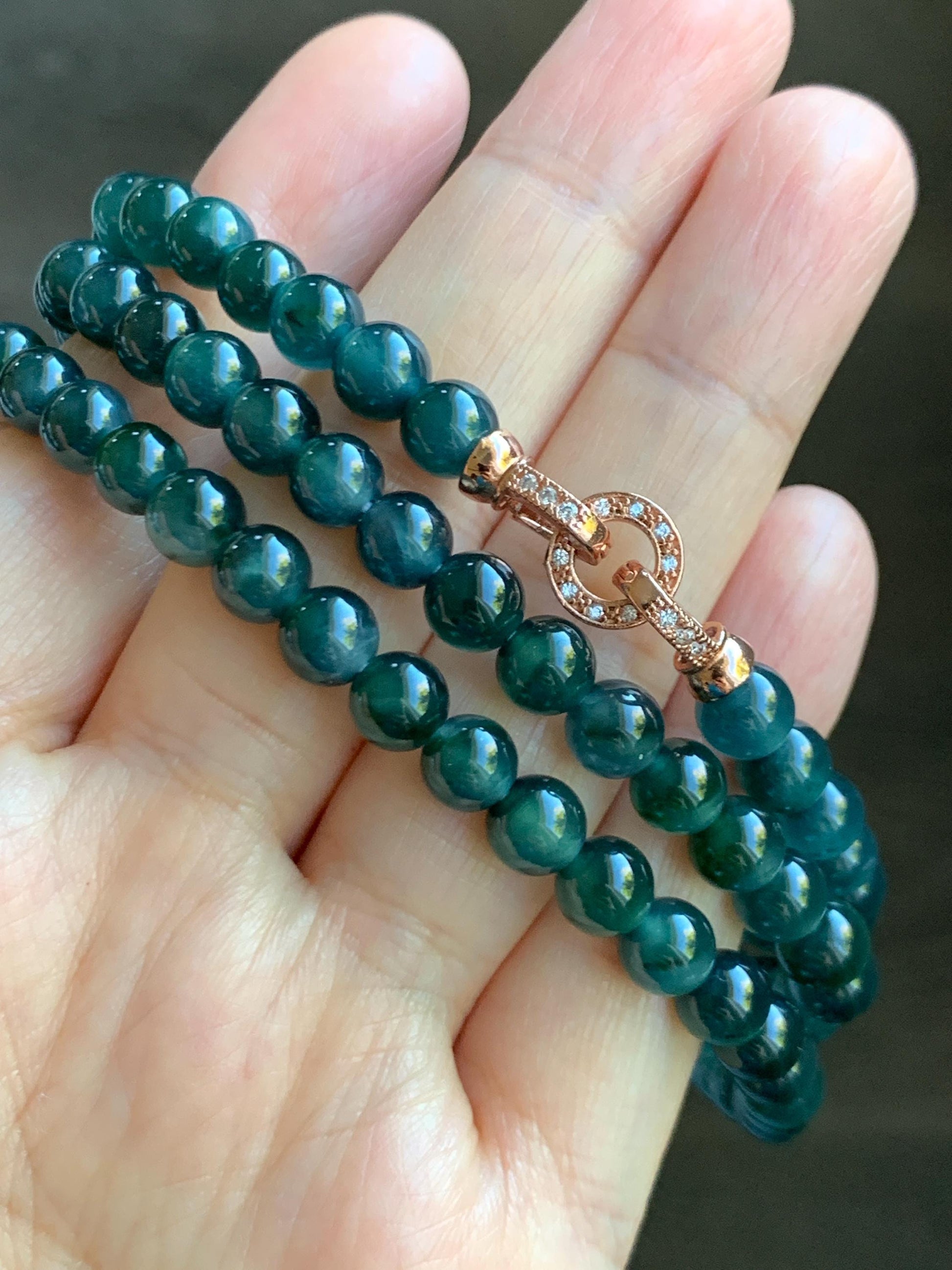 Certified Grade A Natural Guatemalan Icy Translucent Dark Teal & Green Marbled Jade Jadeite Beaded Necklace 6.5mm 26.5” 47g 天然冰危蓝飘花翡翠珠项链 737