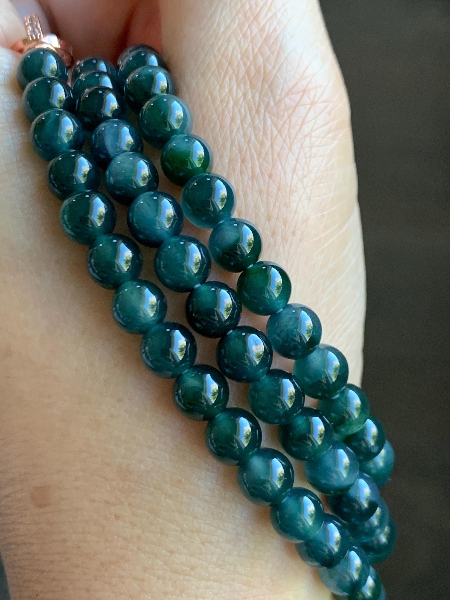 Certified Grade A Natural Guatemalan Icy Translucent Dark Teal & Green Marbled Jade Jadeite Beaded Necklace 6.5mm 26.5” 47g 天然冰危蓝飘花翡翠珠项链 737