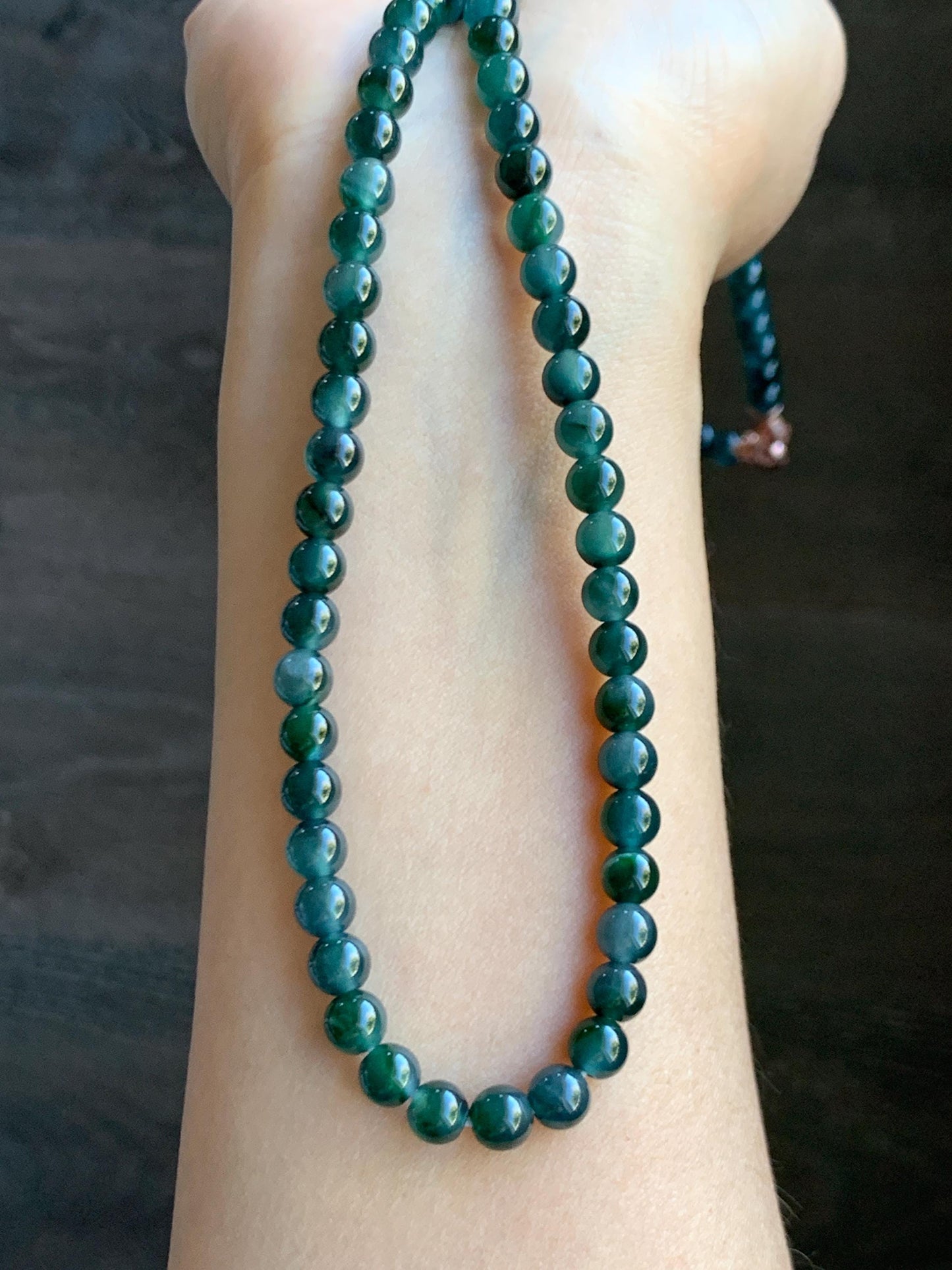 Certified Grade A Natural Guatemalan Icy Translucent Dark Teal & Green Marbled Jade Jadeite Beaded Necklace 6.5mm 26.5” 47g 天然冰危蓝飘花翡翠珠项链 737