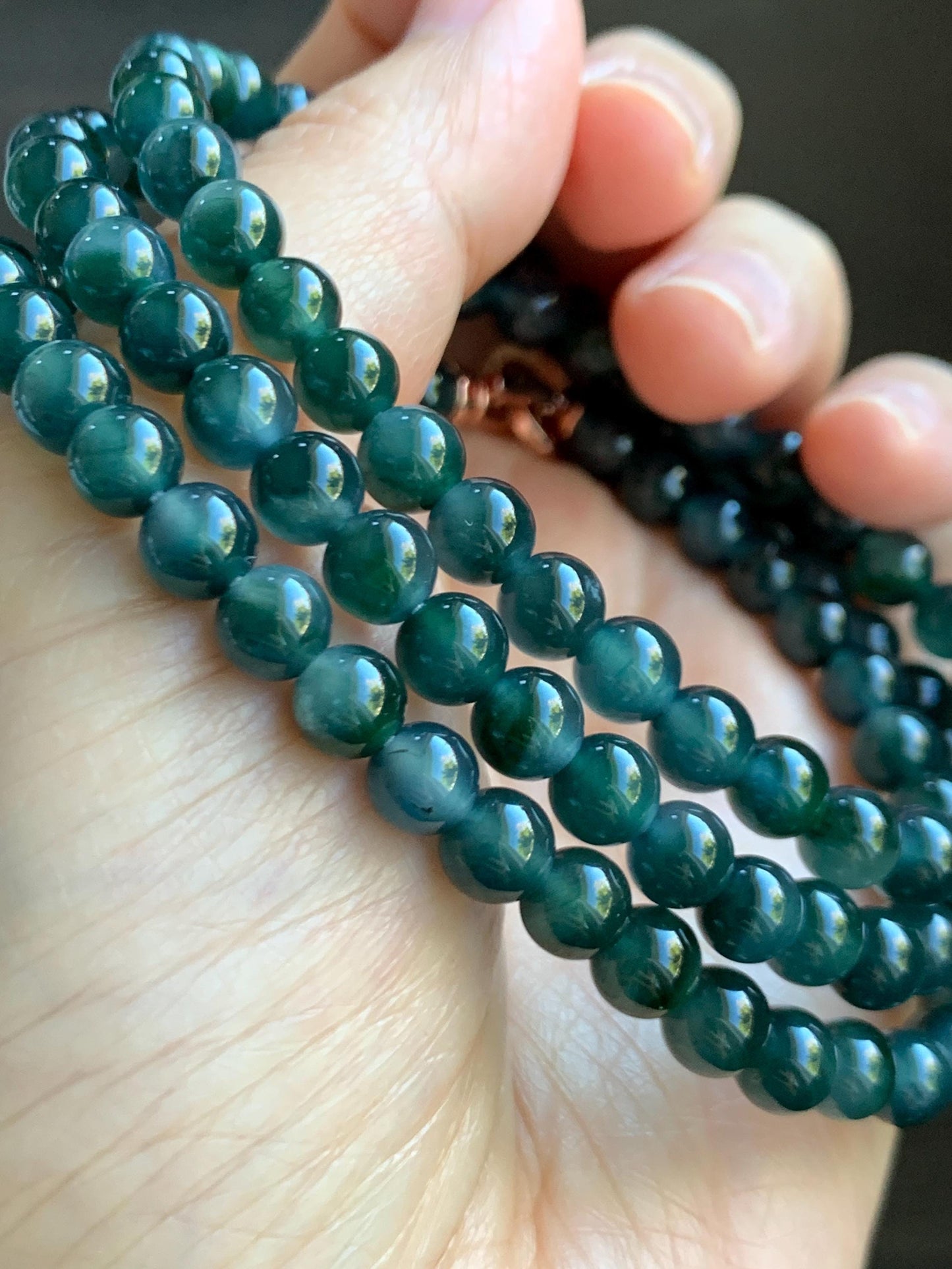 Certified Grade A Natural Guatemalan Icy Translucent Dark Teal & Green Marbled Jade Jadeite Beaded Necklace 6.5mm 26.5” 47g 天然冰危蓝飘花翡翠珠项链 737