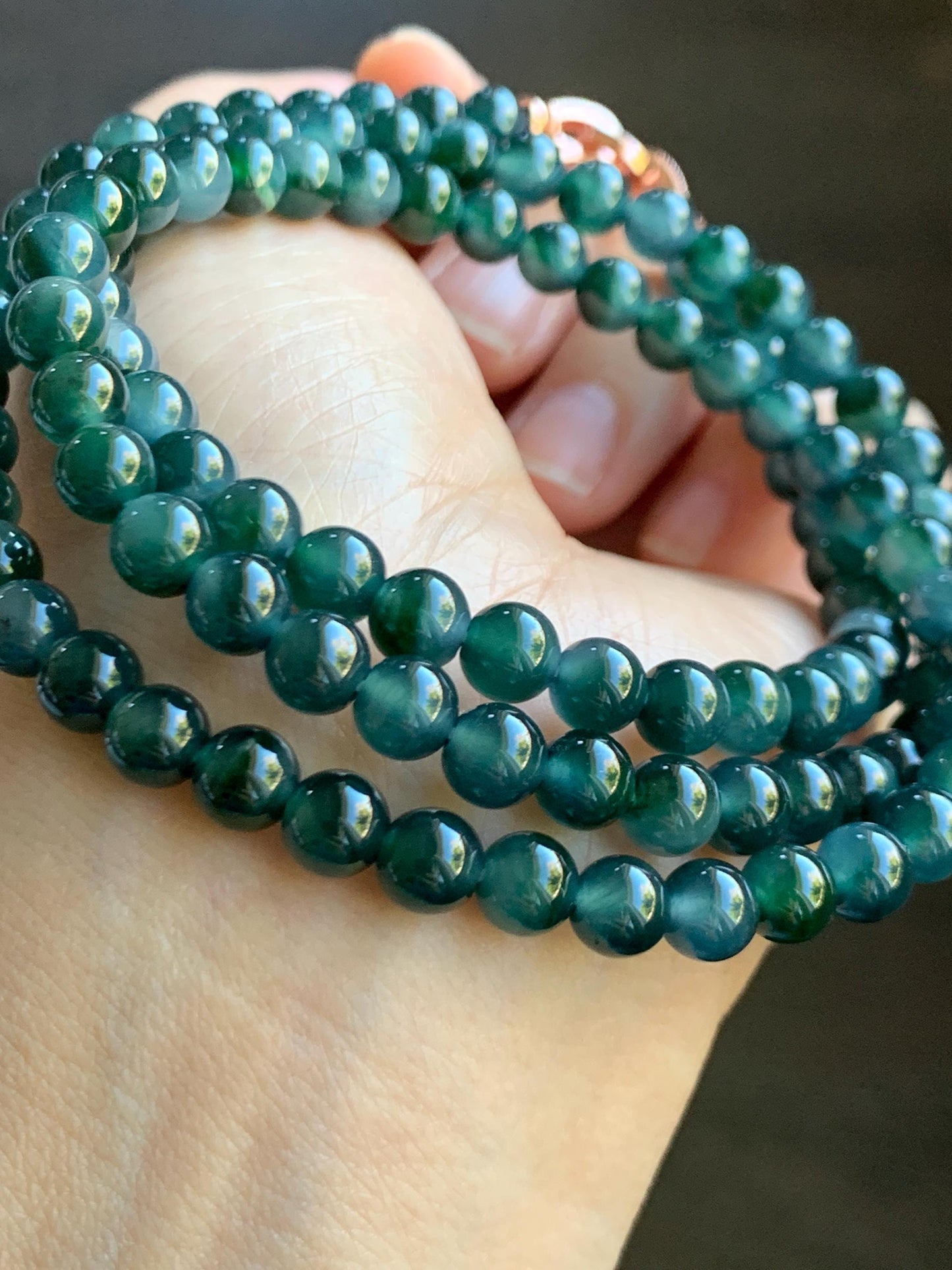 Certified Grade A Natural Guatemalan Icy Translucent Dark Teal & Green Marbled Jade Jadeite Beaded Necklace 6.5mm 26.5” 47g 天然冰危蓝飘花翡翠珠项链 737