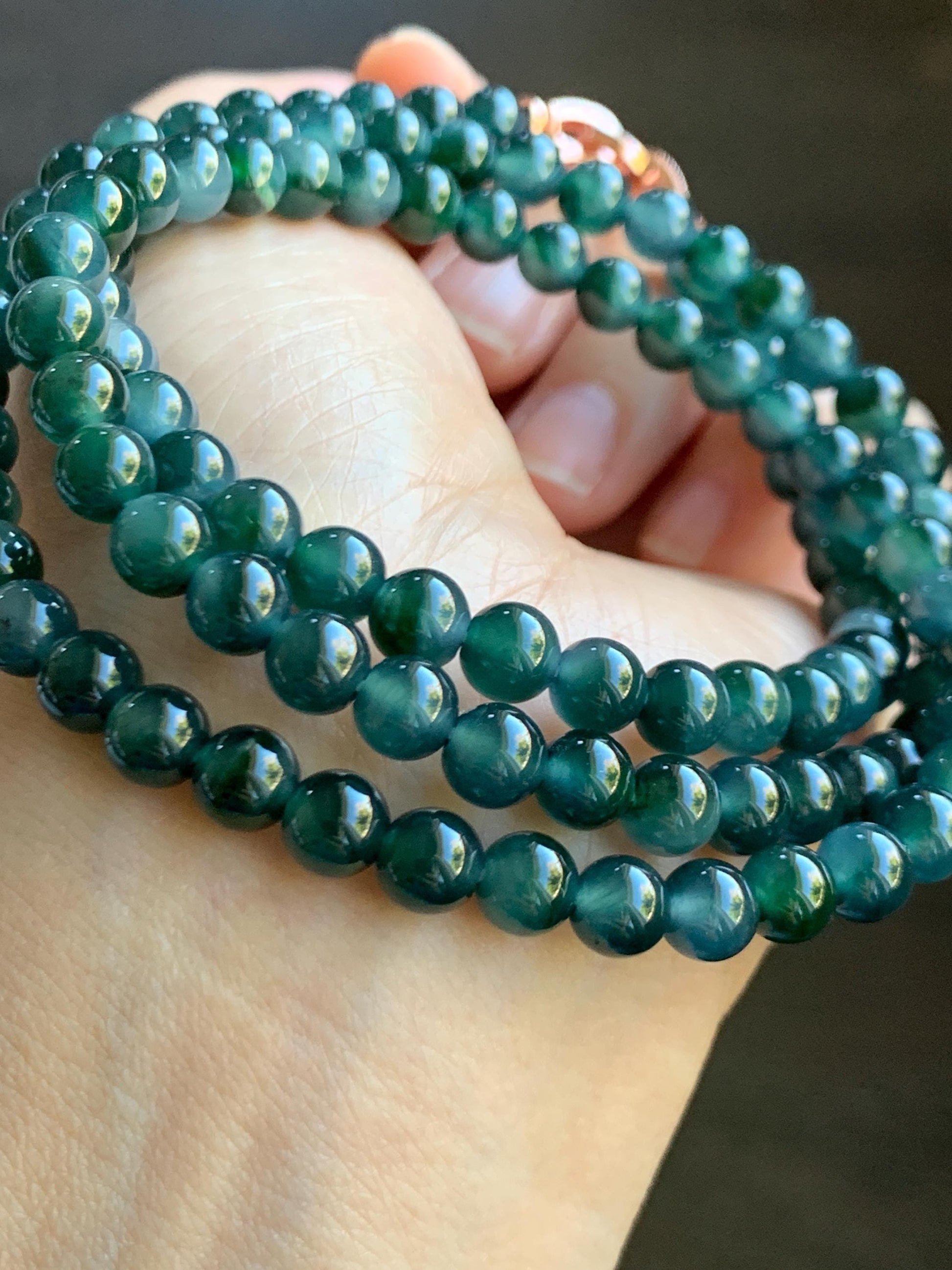 Certified Grade A Natural Guatemalan Icy Translucent Dark Teal & Green Marbled Jade Jadeite Beaded Necklace 6.5mm 26.5” 47g 天然冰危蓝飘花翡翠珠项链 737