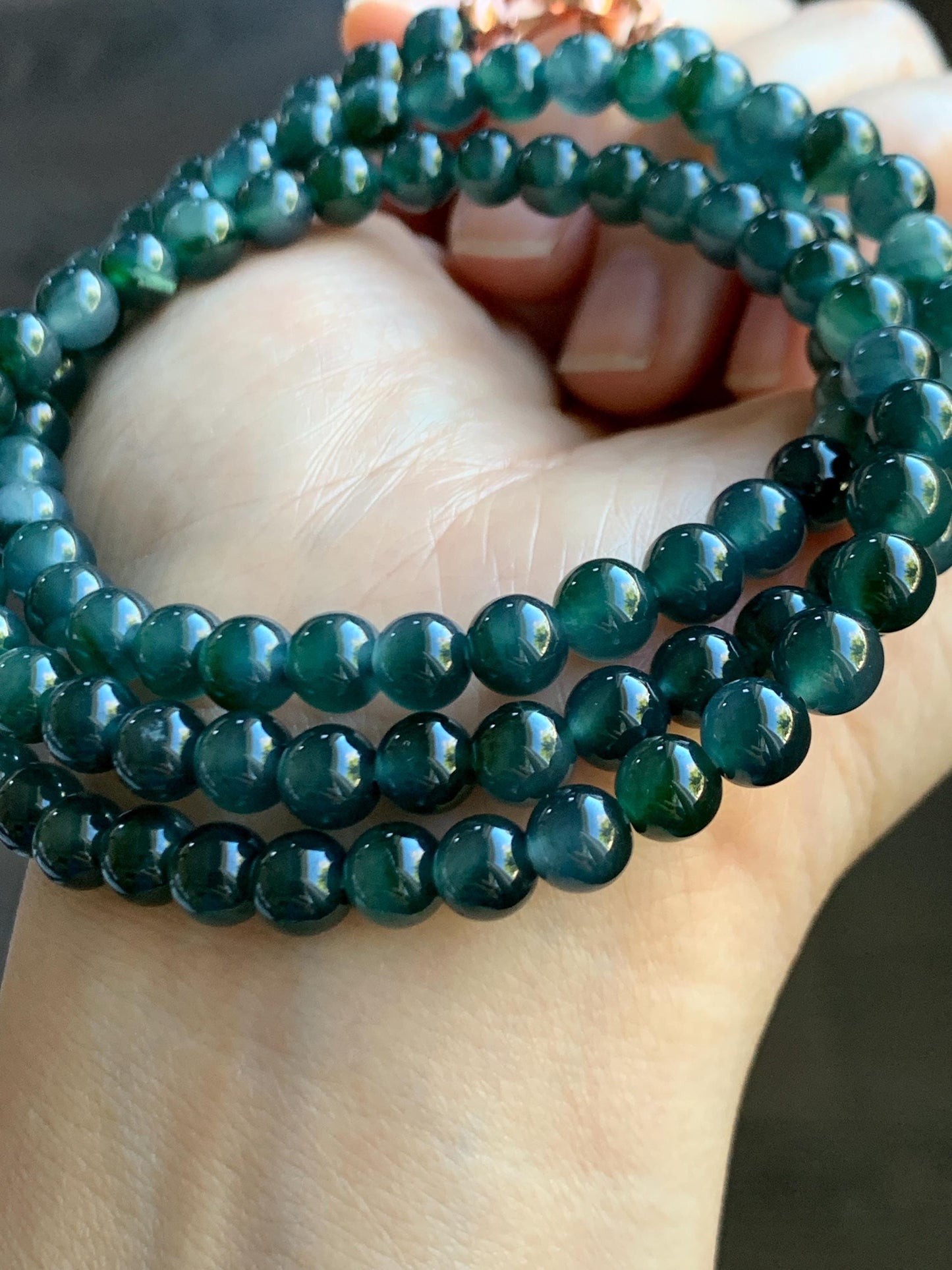 Certified Grade A Natural Guatemalan Icy Translucent Dark Teal & Green Marbled Jade Jadeite Beaded Necklace 6.5mm 26.5” 47g 天然冰危蓝飘花翡翠珠项链 737