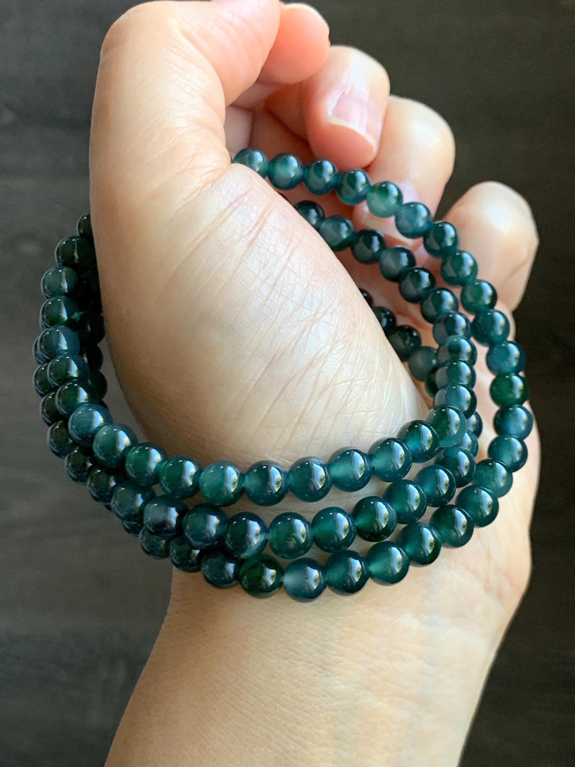 Certified Grade A Natural Guatemalan Icy Translucent Dark Teal & Green Marbled Jade Jadeite Beaded Necklace 6.5mm 26.5” 47g 天然冰危蓝飘花翡翠珠项链 737