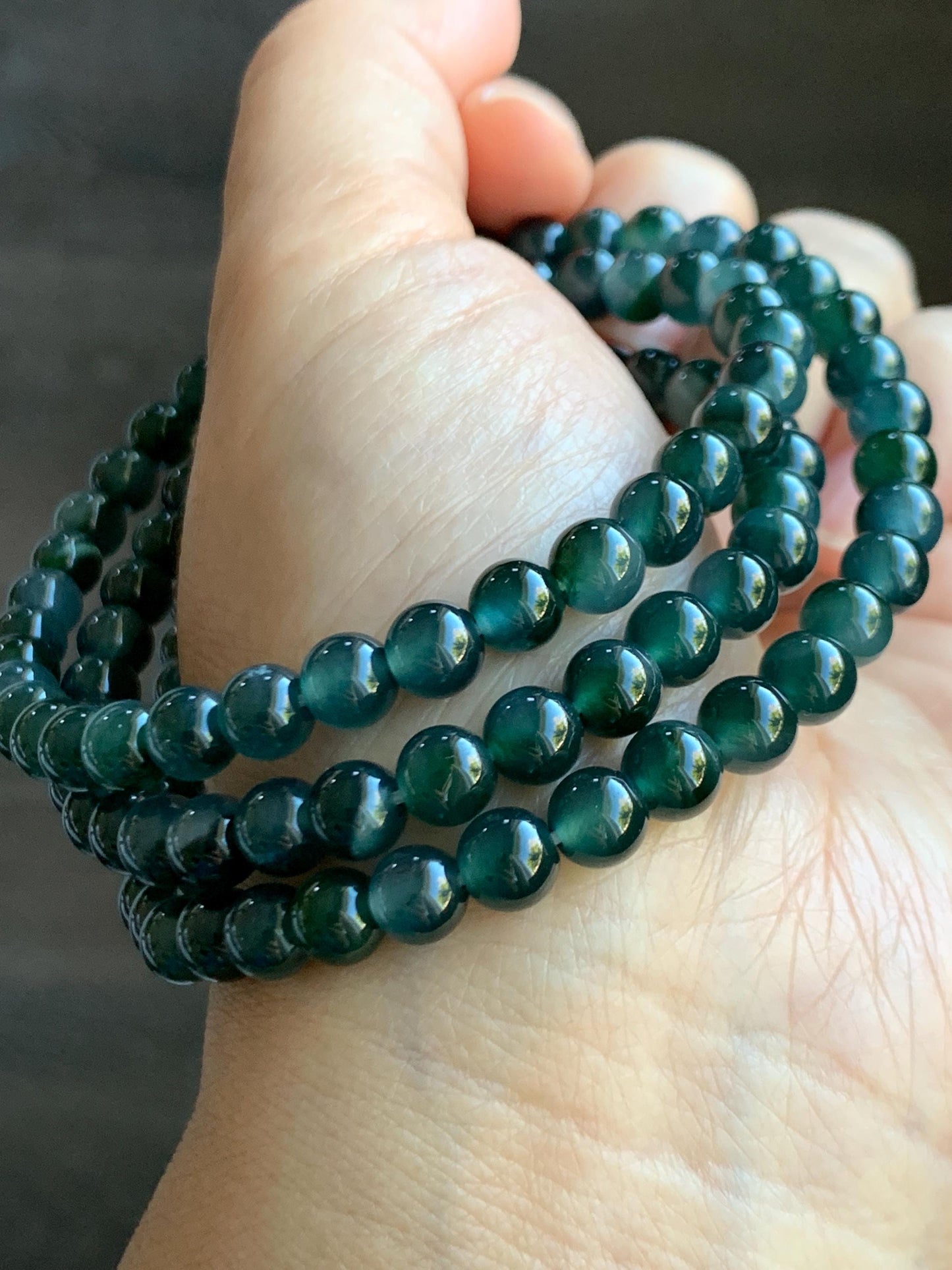 Certified Grade A Natural Guatemalan Icy Translucent Dark Teal & Green Marbled Jade Jadeite Beaded Necklace 6.5mm 26.5” 47g 天然冰危蓝飘花翡翠珠项链 737