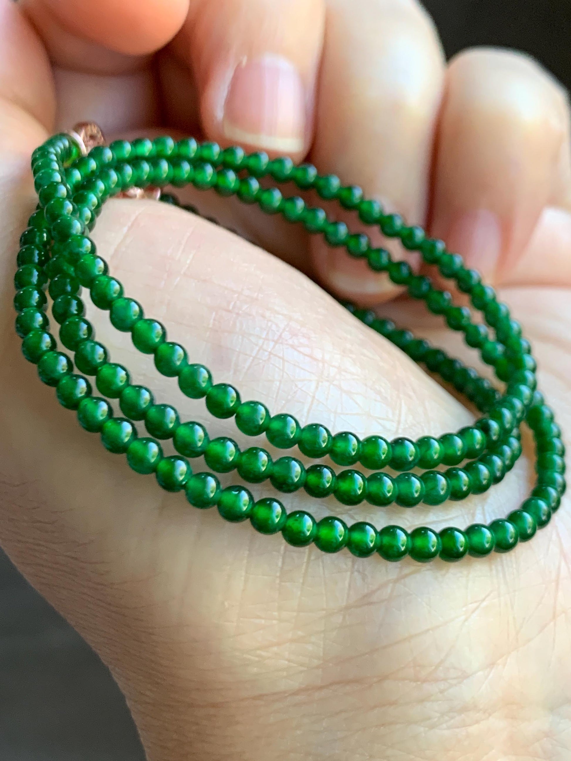Natural Grade A Guatemalan Icy Translucent Vibrant Green Jade Jadeite Petite Beads Beaded Necklace 3mm 19" 10g 天然冰危绿翡翠小圆珠项链 WLX550