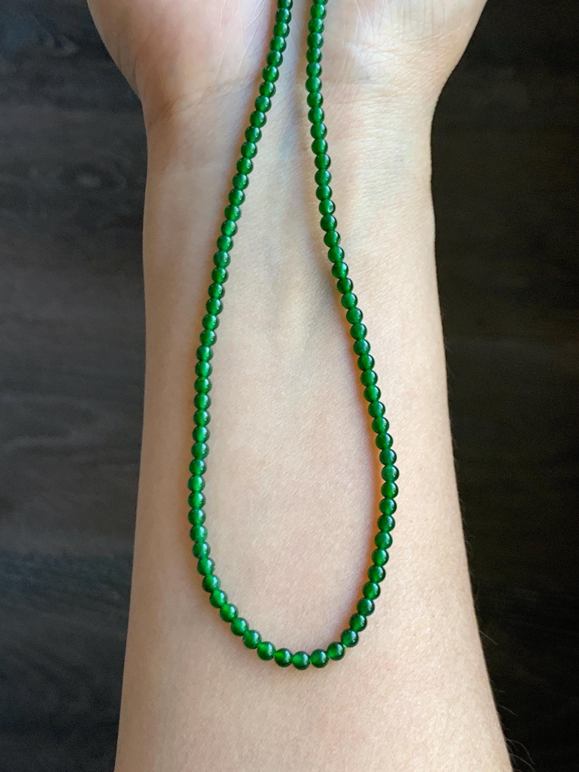 Natural Grade A Guatemalan Icy Translucent Vibrant Green Jade Jadeite Petite Beads Beaded Necklace 3mm 19" 10g 天然冰危绿翡翠小圆珠项链 WLX550
