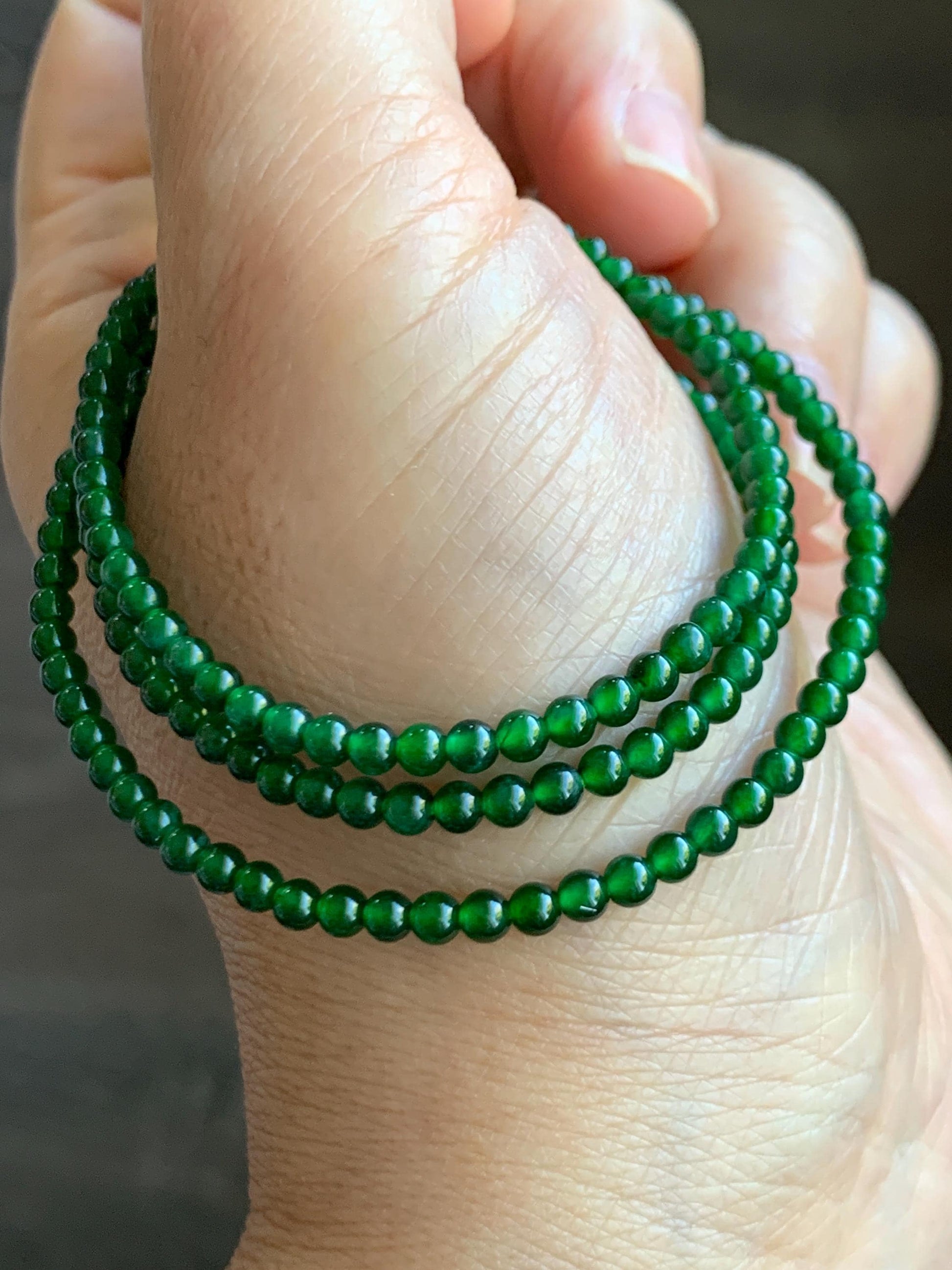 Natural Grade A Guatemalan Icy Translucent Vibrant Green Jade Jadeite Petite Beads Beaded Necklace 3mm 19" 10g 天然冰危绿翡翠小圆珠项链 WLX550