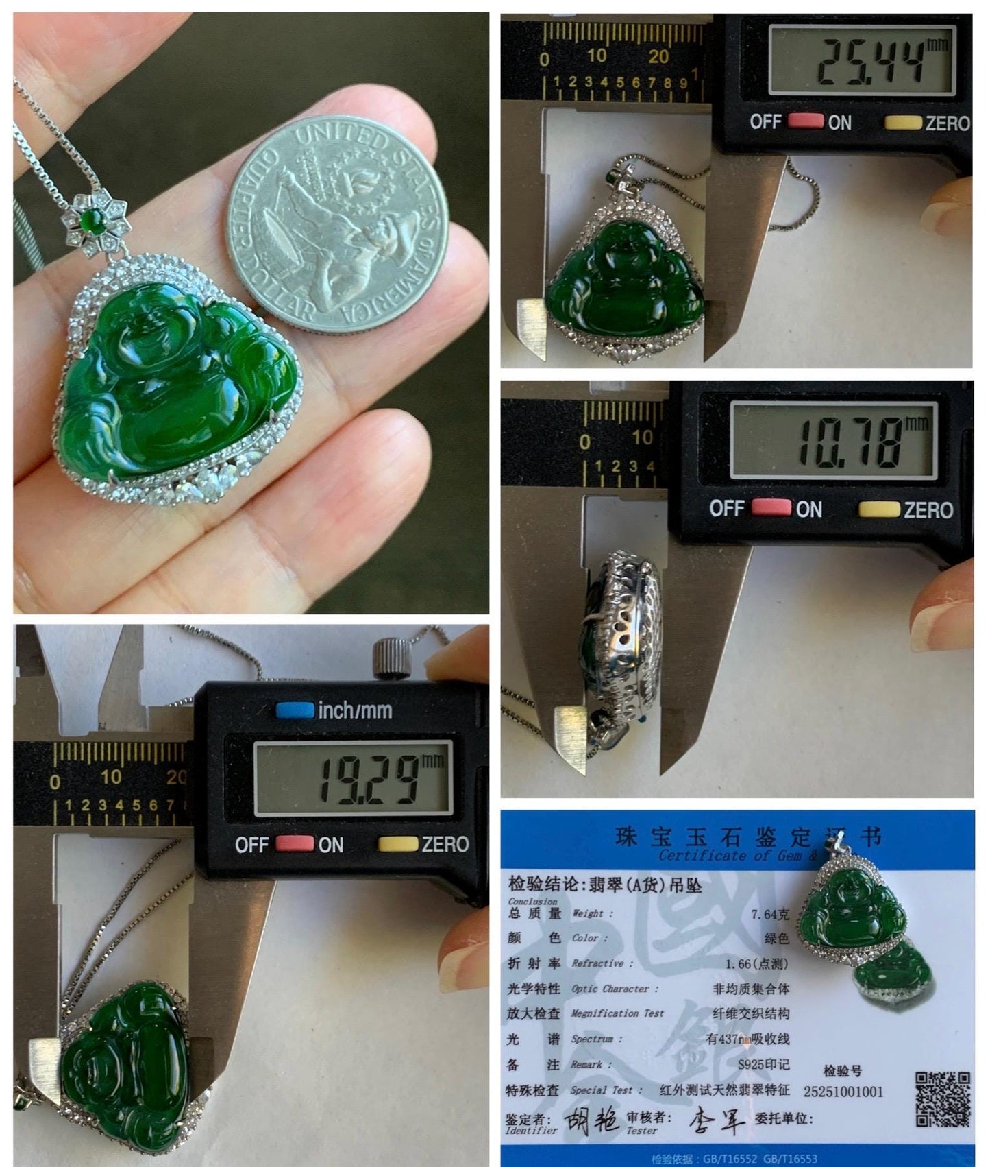 Certified Natural Grade A Guatemalan Icy Translucent Vibrant Green Jade Jadeite Buddha Pendant Sterling Silver 7.64g 天然冰危绿翡翠佛公吊坠 1001