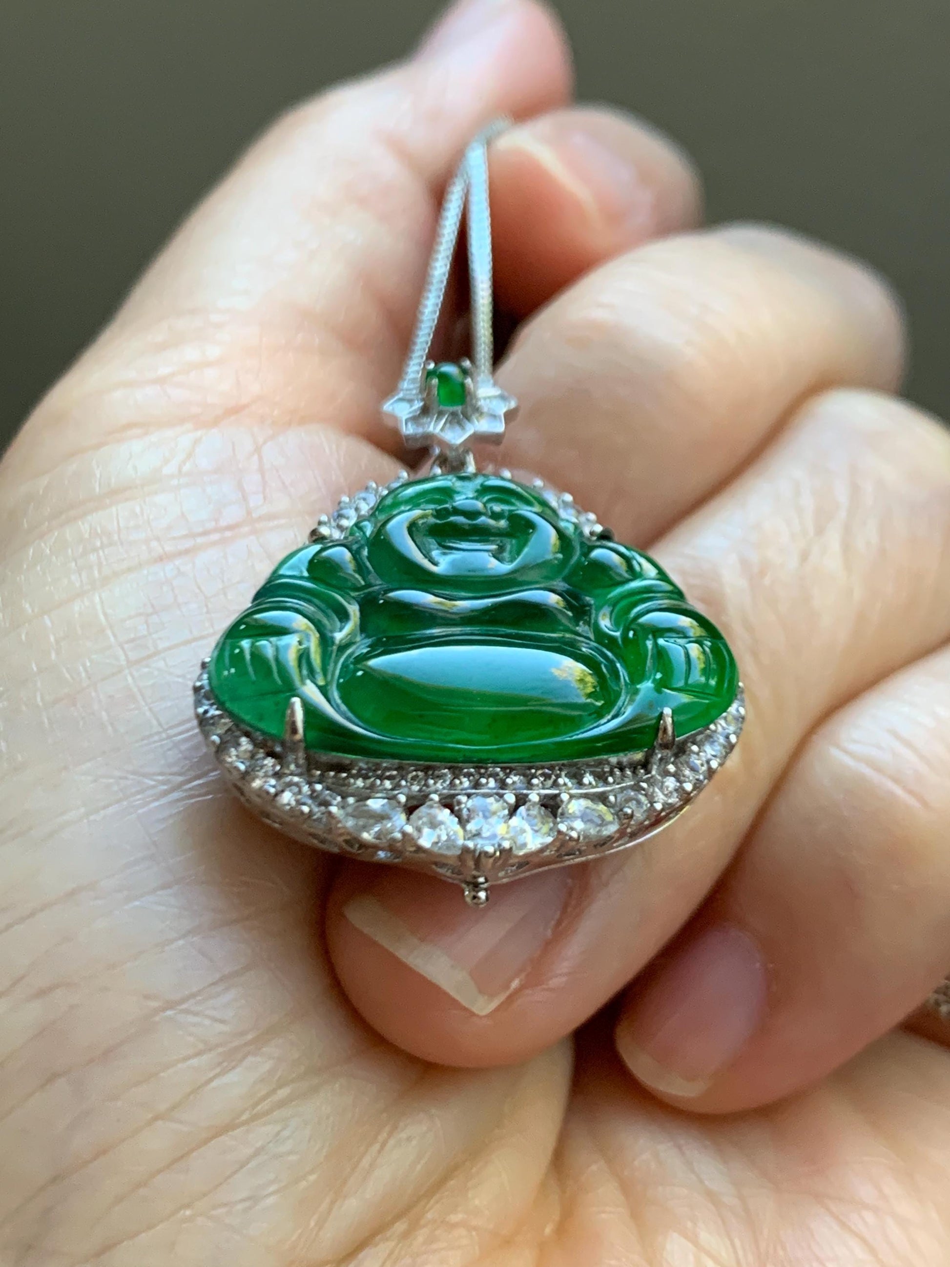 Certified Natural Grade A Guatemalan Icy Translucent Vibrant Green Jade Jadeite Buddha Pendant Sterling Silver 7.64g 天然冰危绿翡翠佛公吊坠 1001