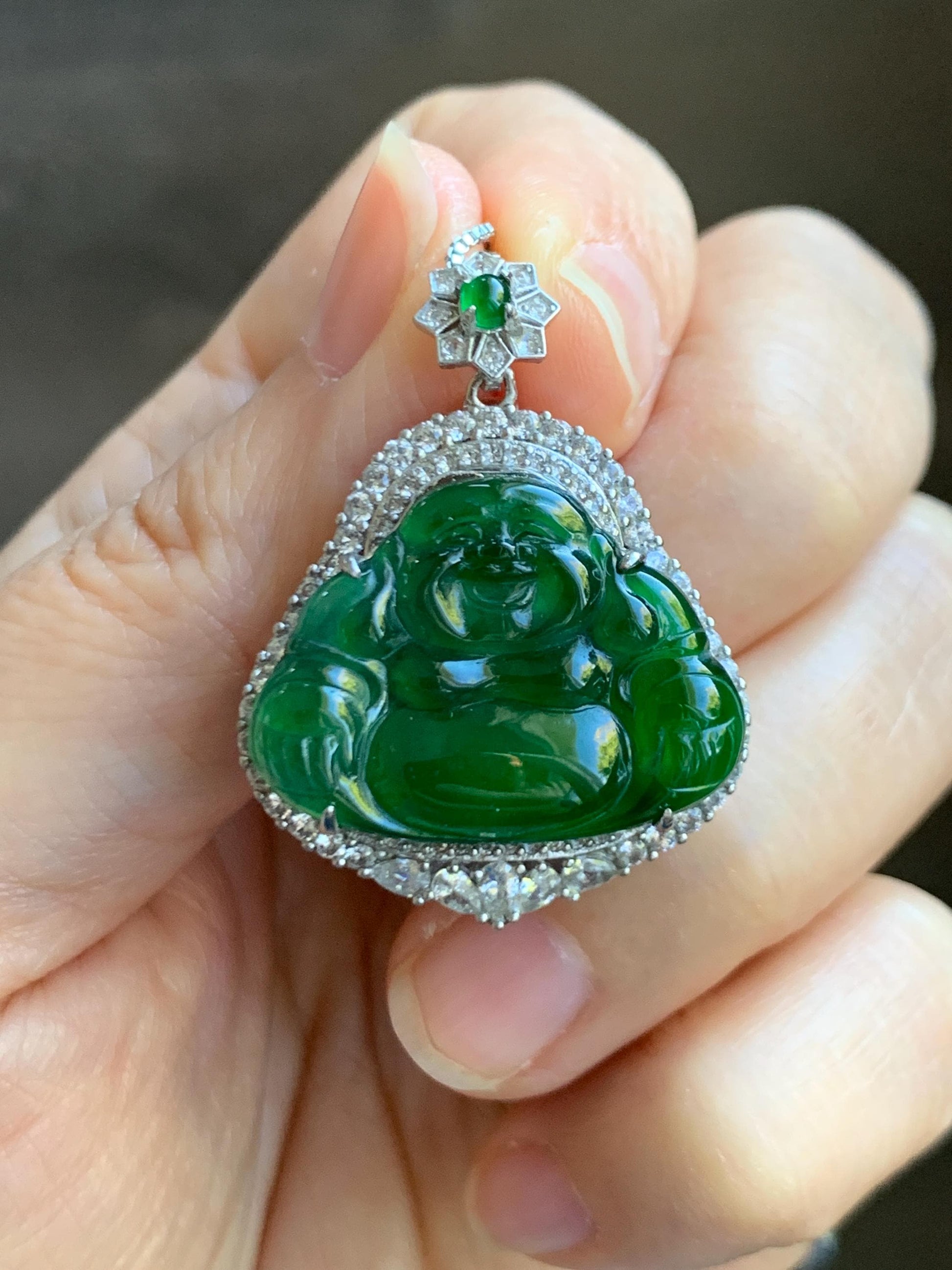 Certified Natural Grade A Guatemalan Icy Translucent Vibrant Green Jade Jadeite Buddha Pendant Sterling Silver 7.64g 天然冰危绿翡翠佛公吊坠 1001