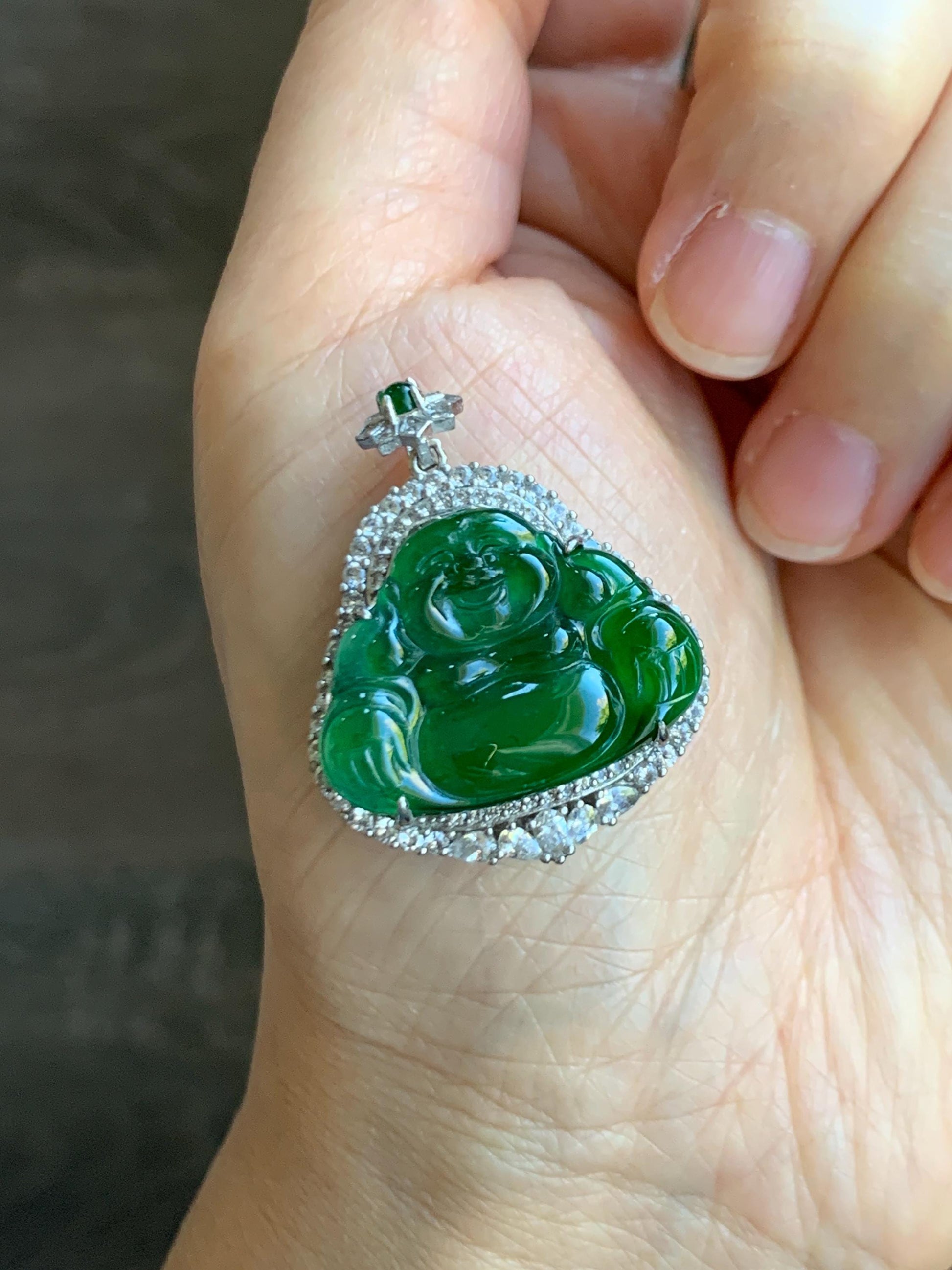 Certified Natural Grade A Guatemalan Icy Translucent Vibrant Green Jade Jadeite Buddha Pendant Sterling Silver 7.64g 天然冰危绿翡翠佛公吊坠 1001