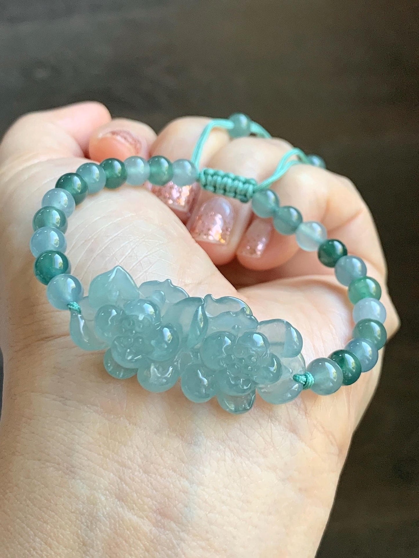 Natural Grade A Guatemalan Icy Translucent Light Teal Jadeite Double Lotus Flower Multicolored Beaded Bracelet 6.75” 天然冰胶危蓝翡翠双莲花圆珠手串 QWL289